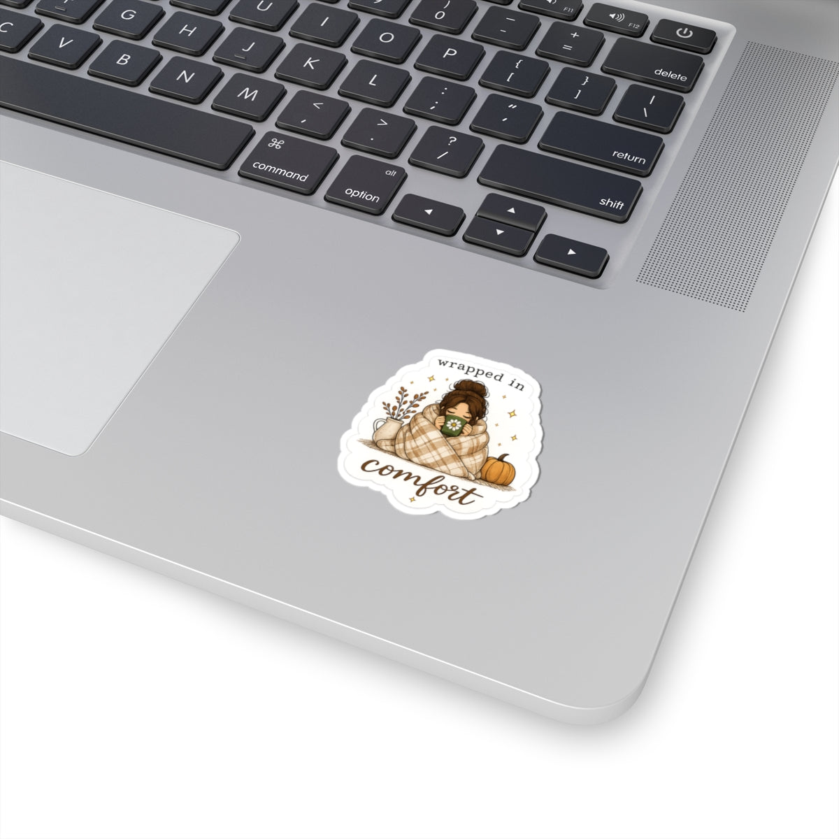 Wrapped in Comfort Fall Sticker – Cozy Girl with Blanket, Pumpkin & Coffee, Autumn Laptop Decal