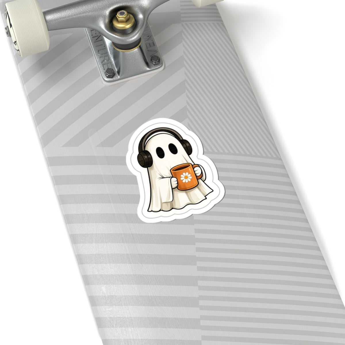 Cute Ghost Sticker — Cozy Coffee & Headphones Kiss-Cut Decal