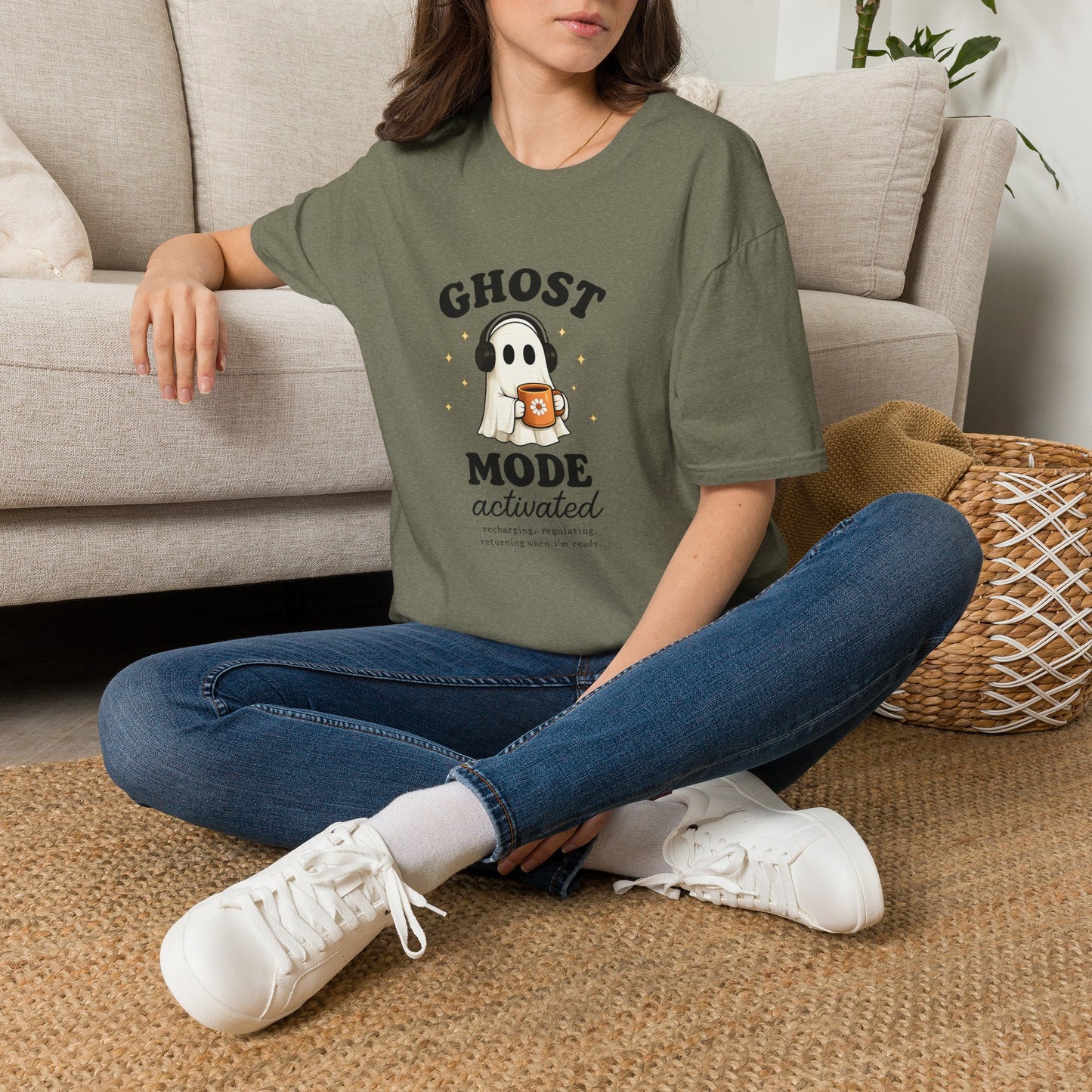 Ghost Mode T-Shirt — Cute Ghost with Headphones & Coffee