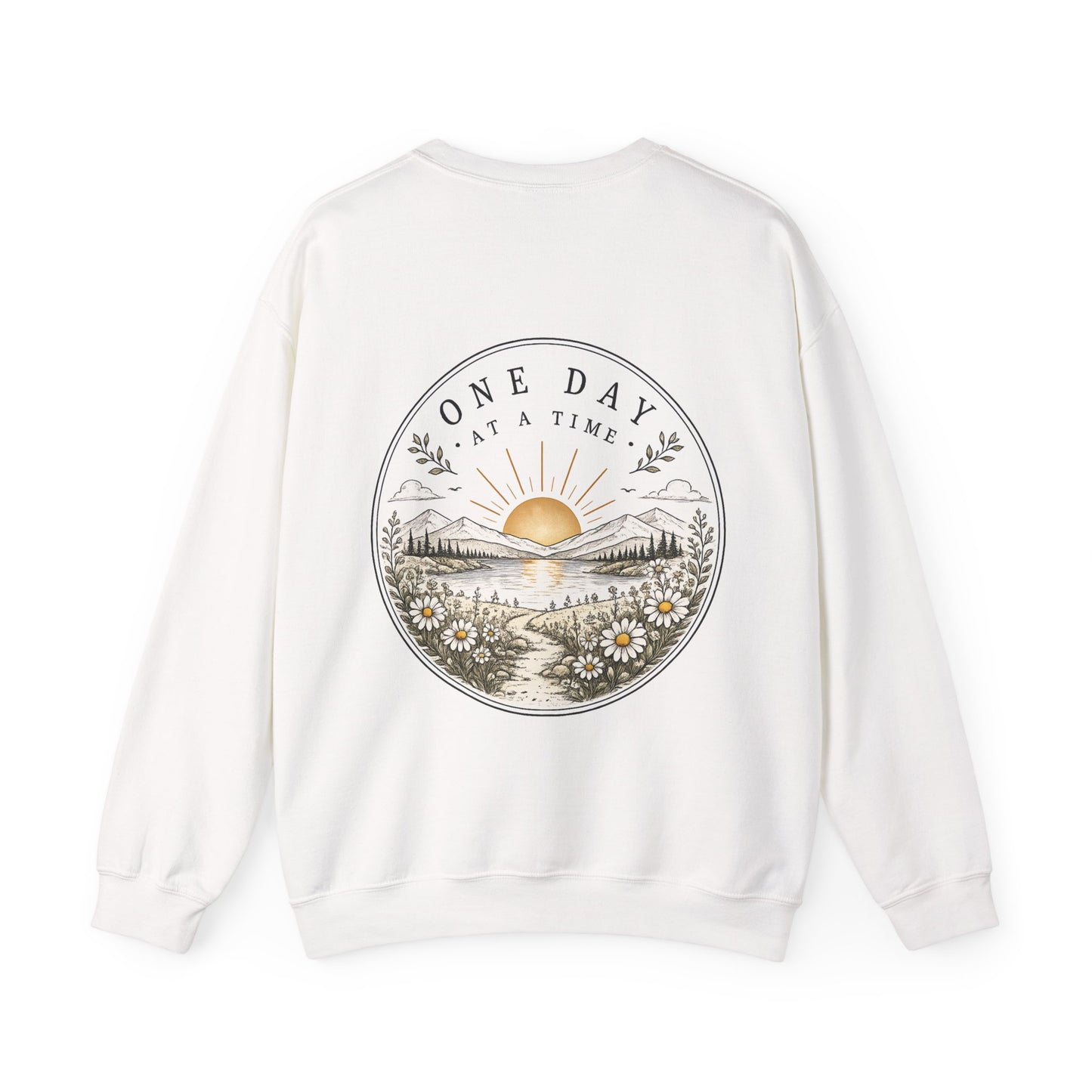 Crewneck Sweatshirt — 'One Day at a Time' Sunrise Mountain Graphic