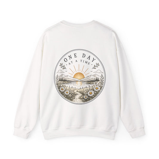 Crewneck Sweatshirt — 'One Day at a Time' Sunrise Mountain Graphic
