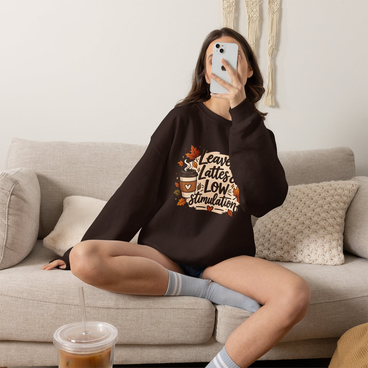 Fall Sweatshirt – "Leaves, Lattes & Low Stimulation" Cozy Autumn Crewneck