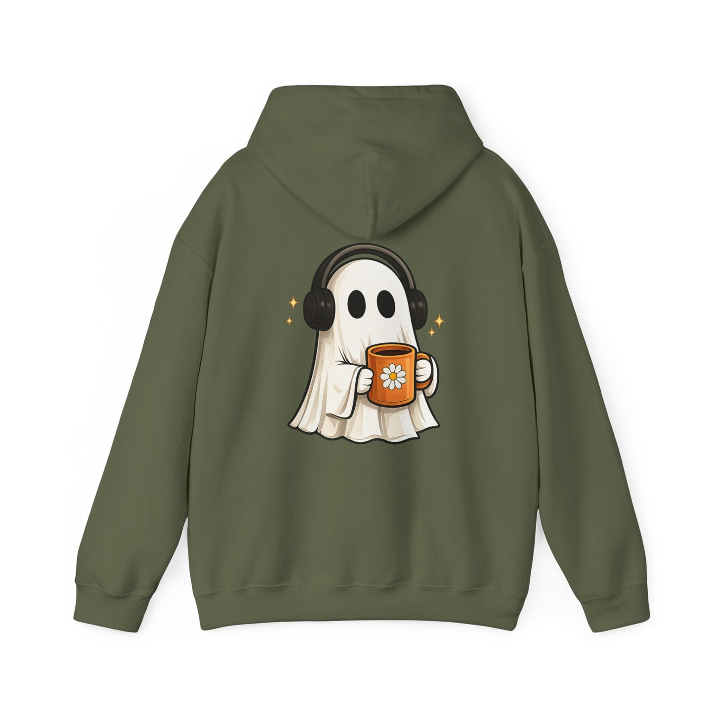 Ghost Mode Hoodie — Cute Ghost with Headphones & Coffee Pullover