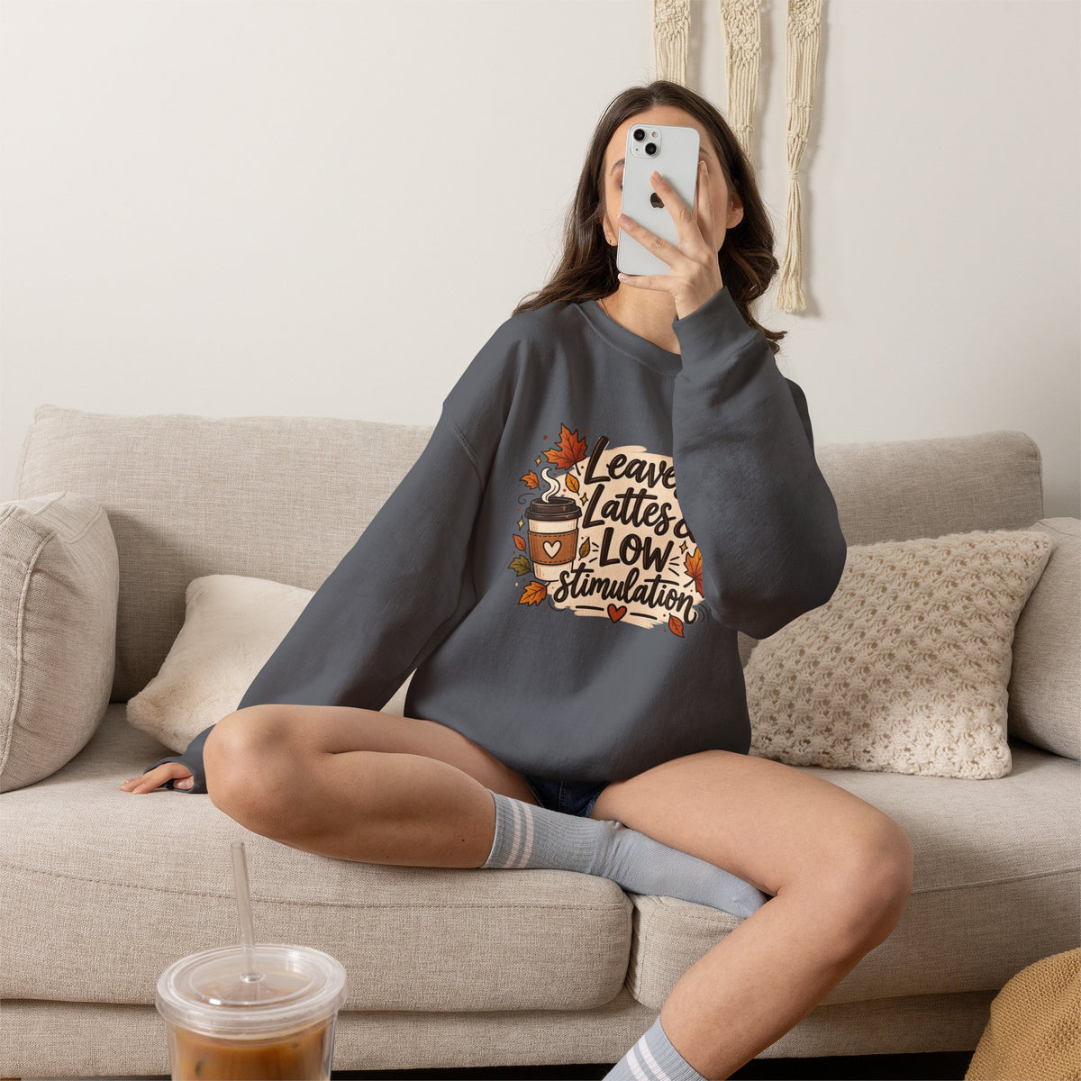 Fall Sweatshirt – "Leaves, Lattes & Low Stimulation" Cozy Autumn Crewneck