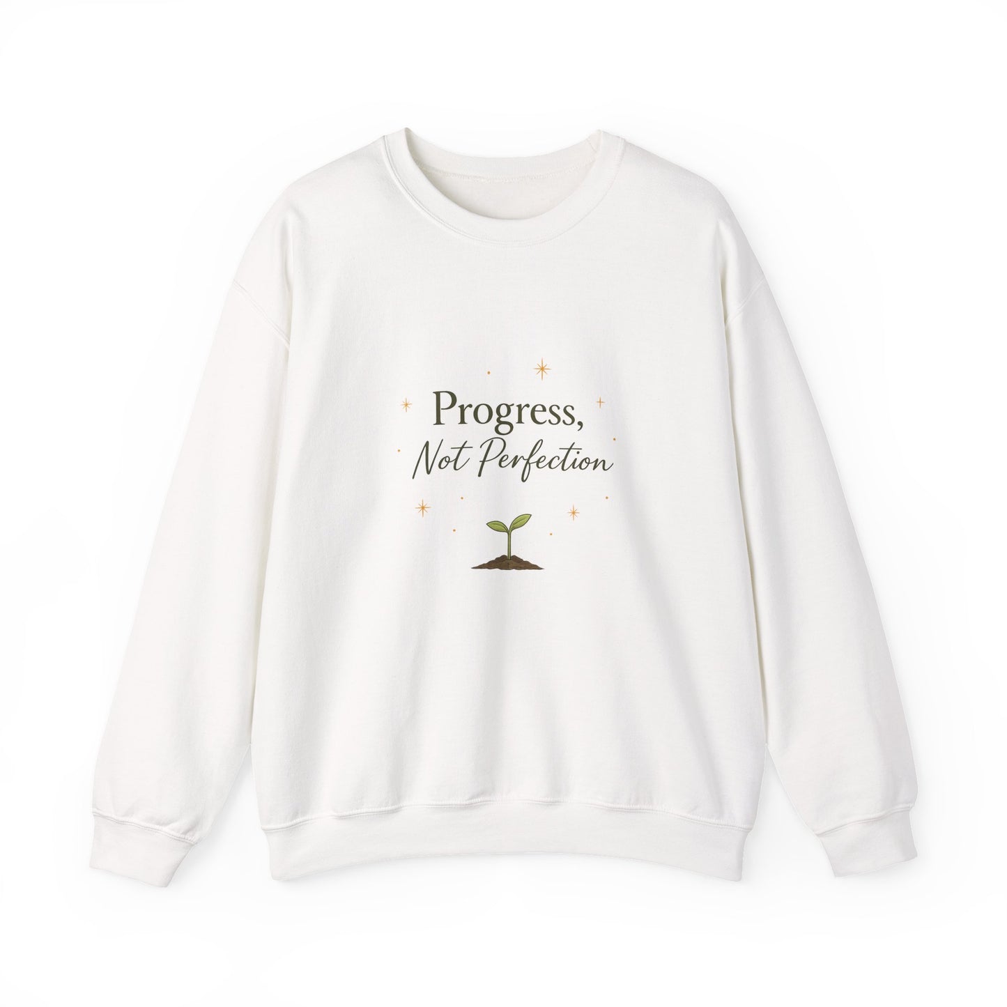 Crewneck Sweatshirt — "Progress, Not Perfection" Plant Sprout Inspirational Pullover