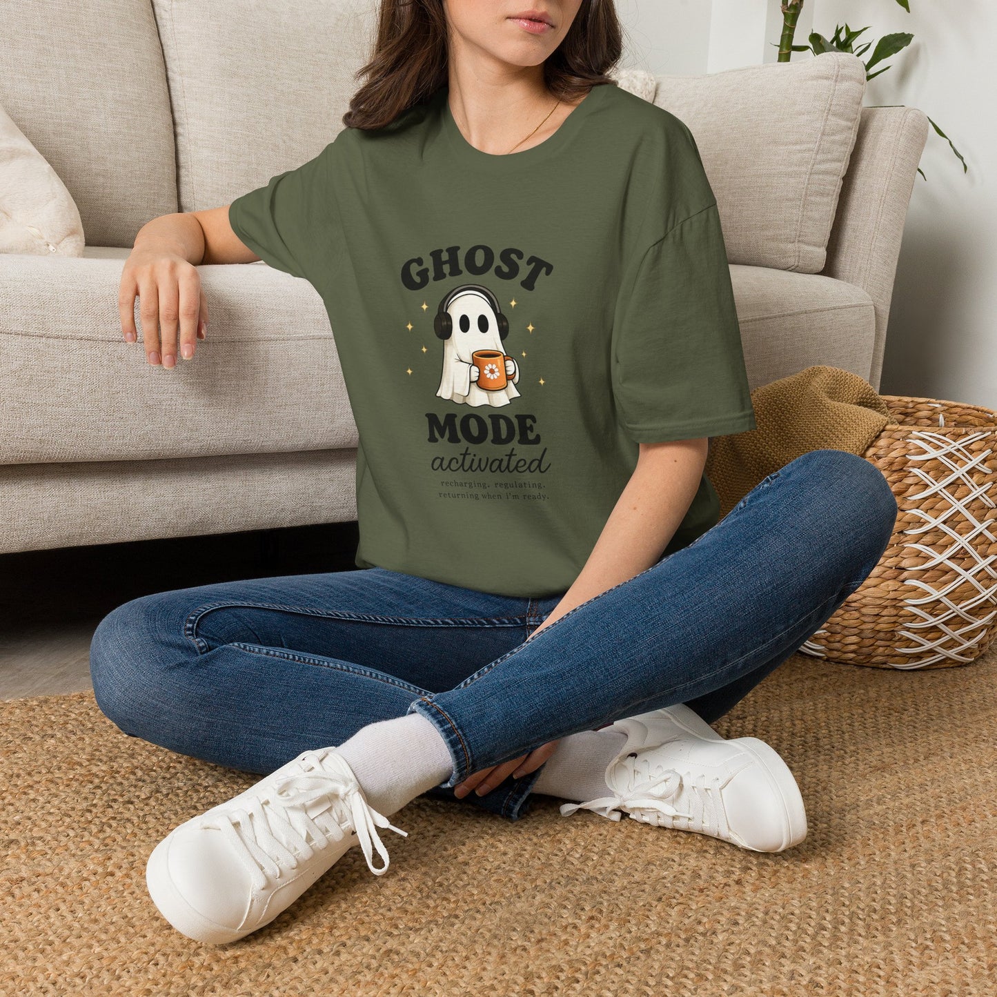 Ghost Mode T-Shirt — Cute Ghost with Headphones & Coffee