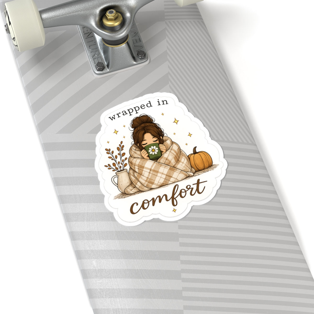 Wrapped in Comfort Fall Sticker – Cozy Girl with Blanket, Pumpkin & Coffee, Autumn Laptop Decal