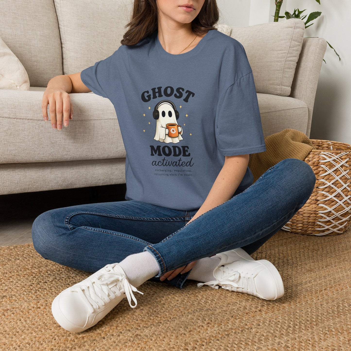 Ghost Mode T-Shirt — Cute Ghost with Headphones & Coffee