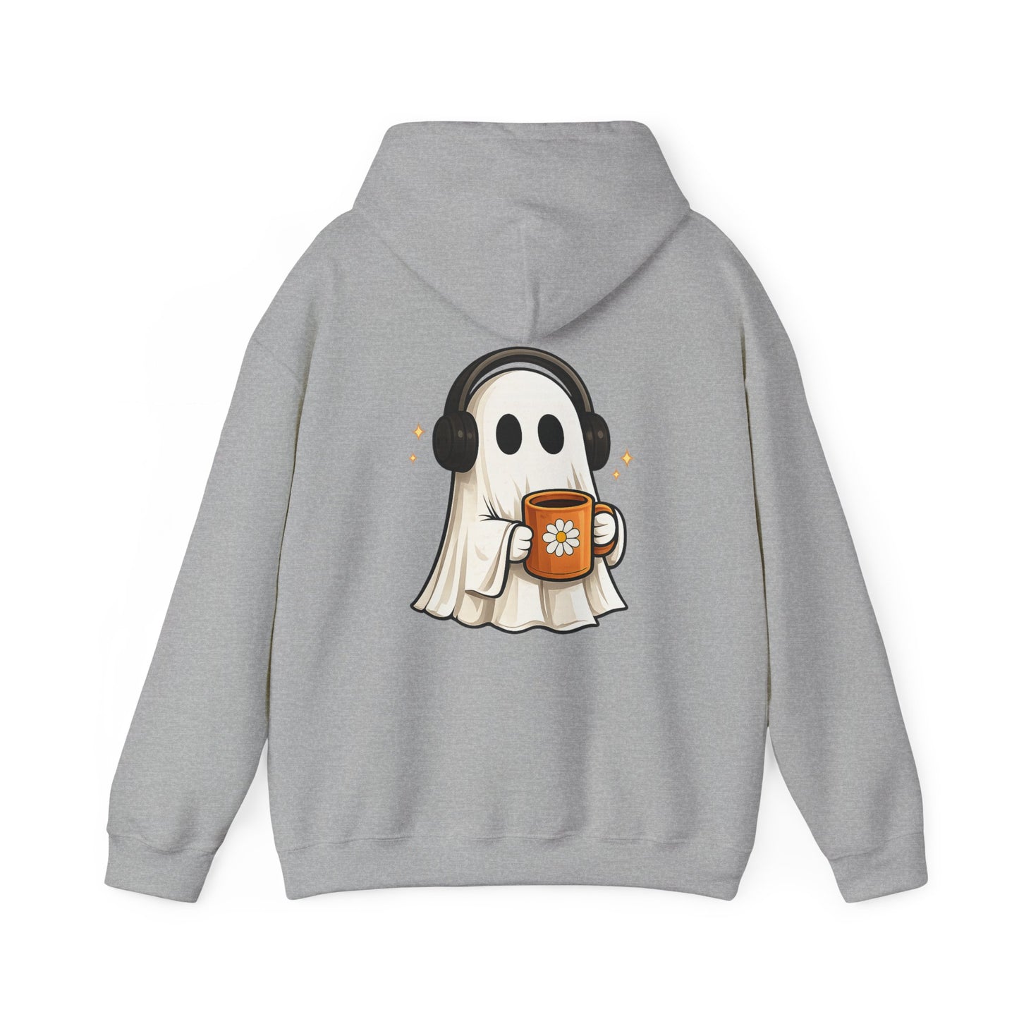 Ghost Mode Hoodie — Cute Ghost with Headphones & Coffee Pullover