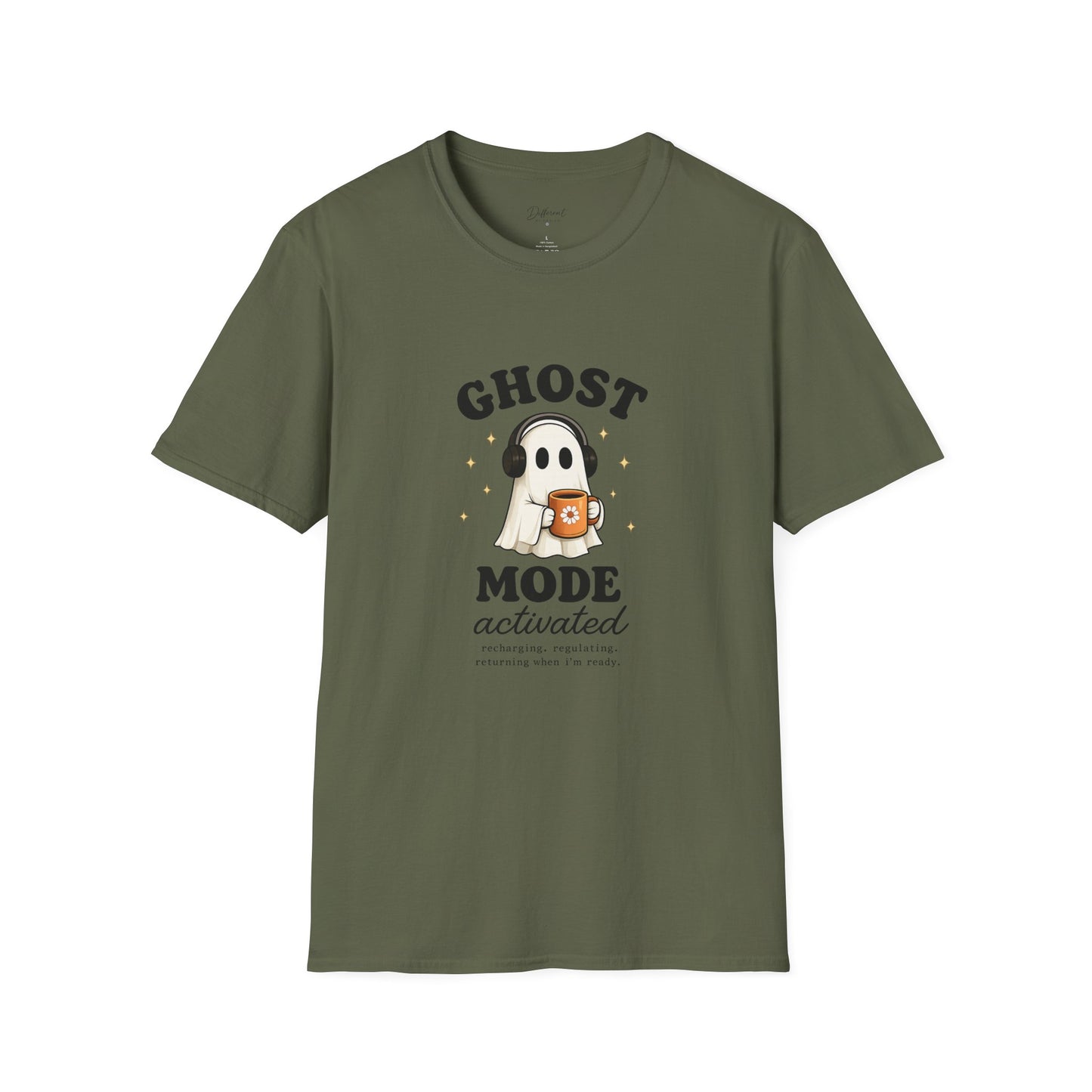 Ghost Mode T-Shirt — Cute Ghost with Headphones & Coffee