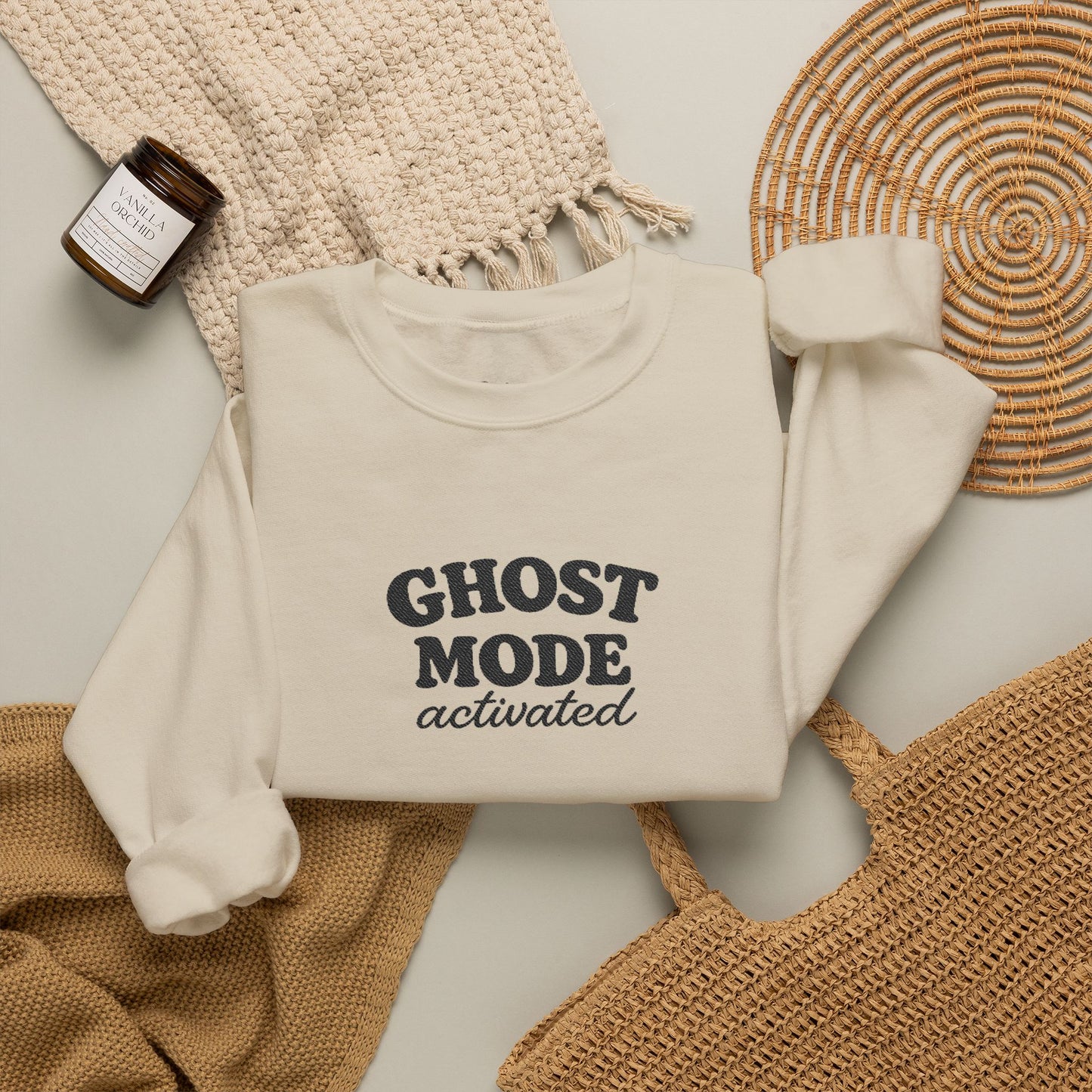 Ghost Mode Crewneck Sweatshirt — Minimalist White Pullover