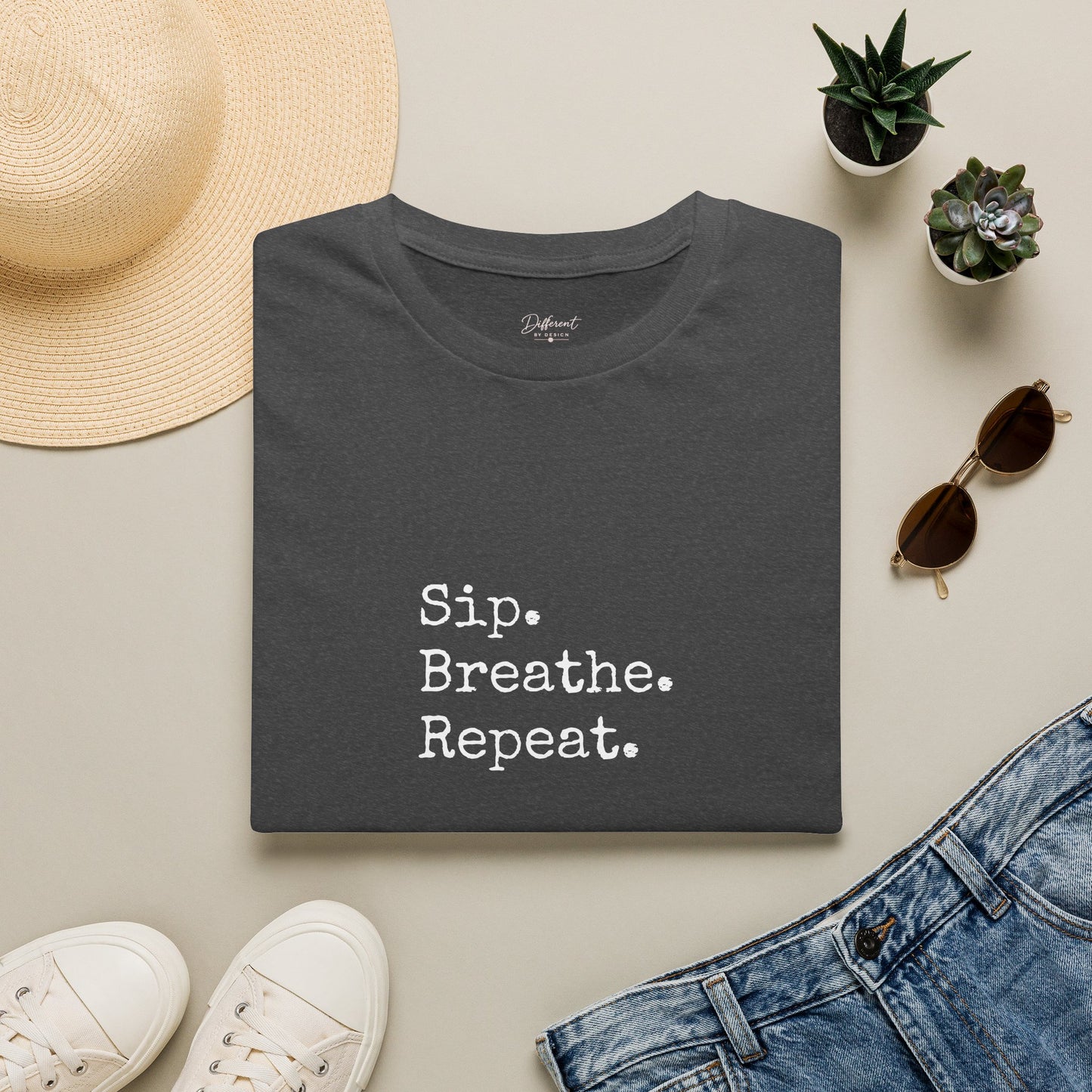 Sip. Breathe. Repeat. T-Shirt — Relaxed Minimalist Self-Care Tee