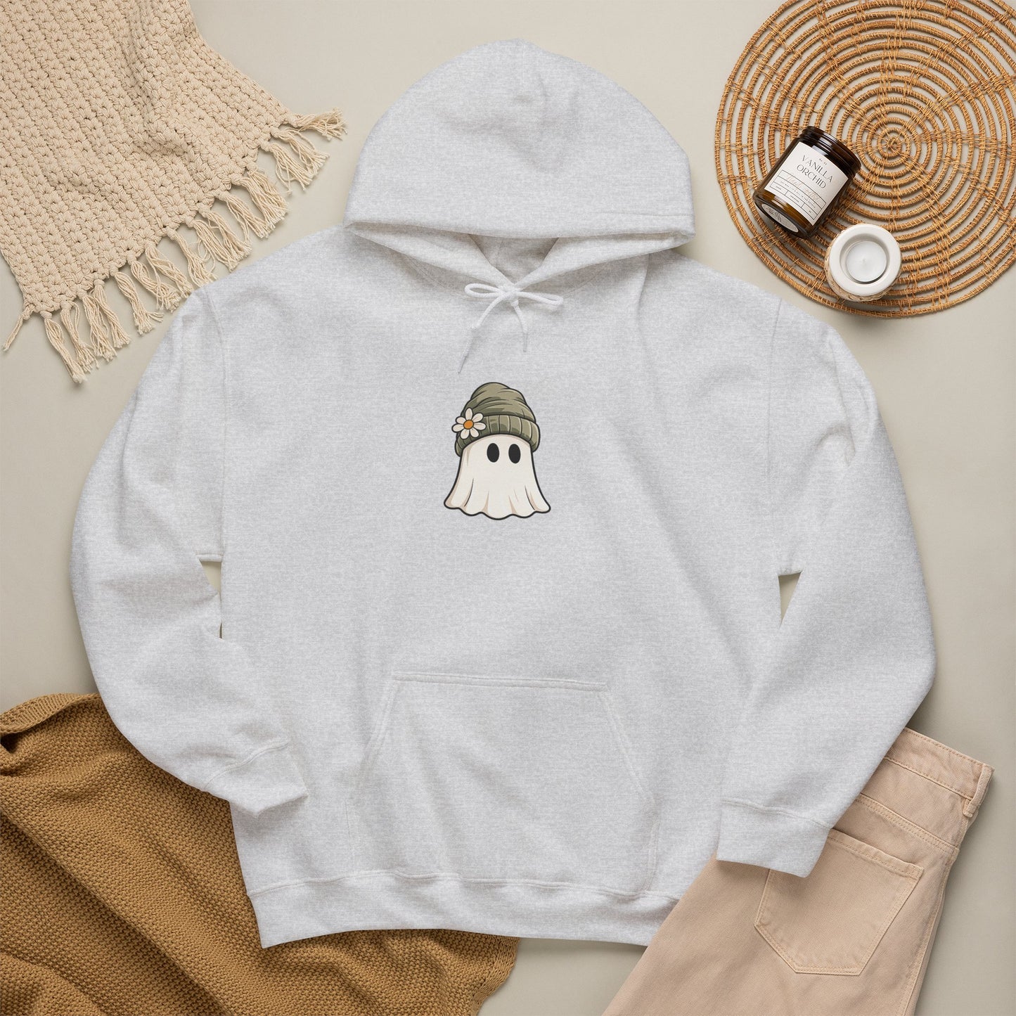 Cute Ghost Hoodie with Beanie Graphic — Cozy Fall Halloween Sweatshirt