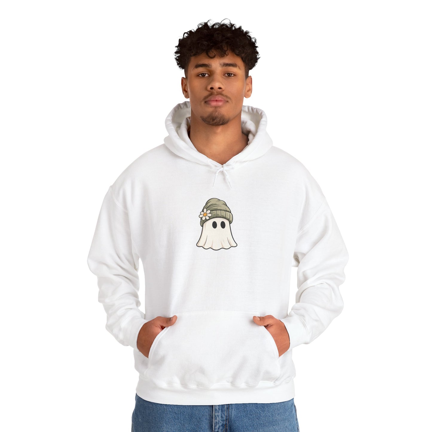 Cute Ghost Hoodie with Beanie Graphic — Cozy Fall Halloween Sweatshirt