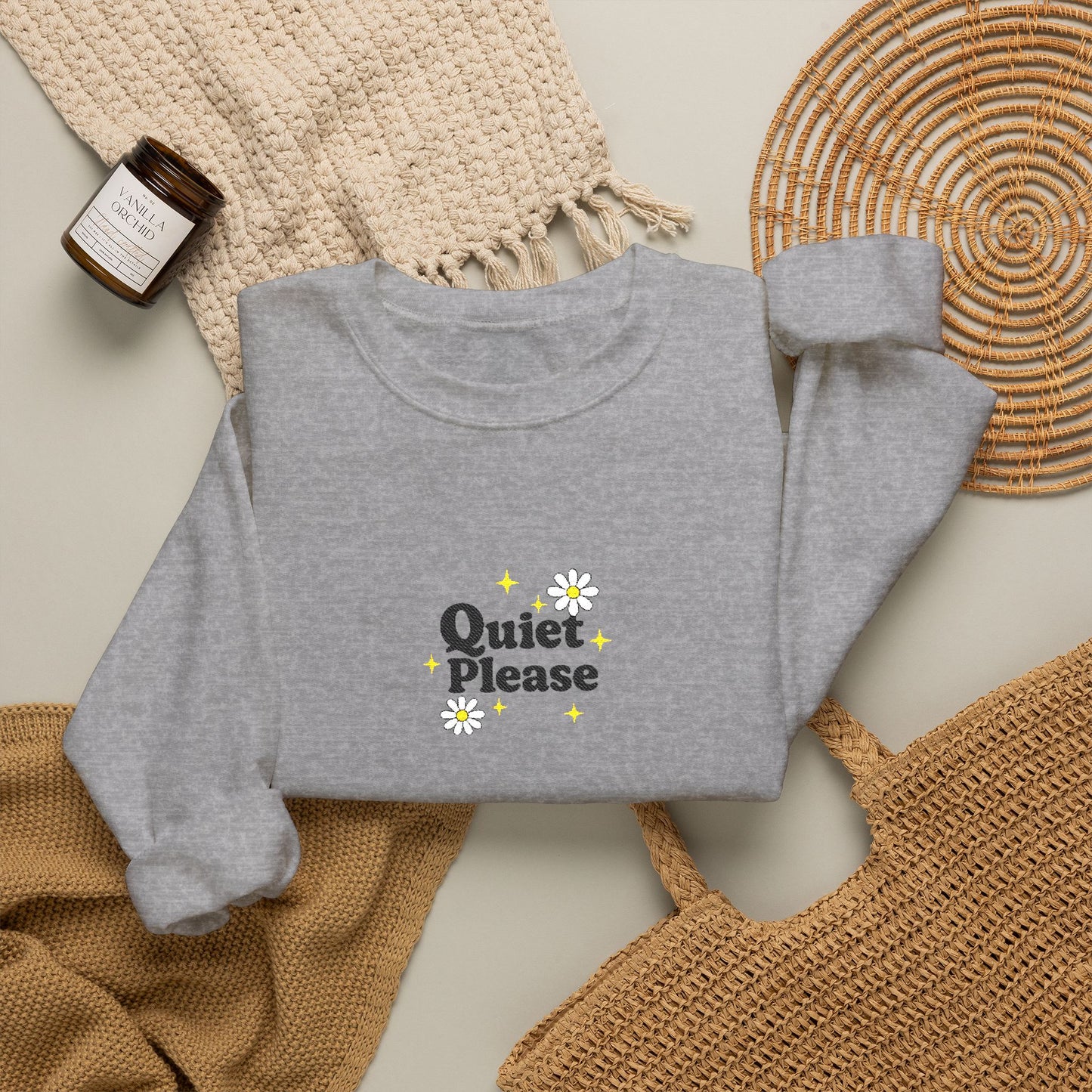 Crewneck Sweatshirt "Quiet Please" Minimalist Floral Design