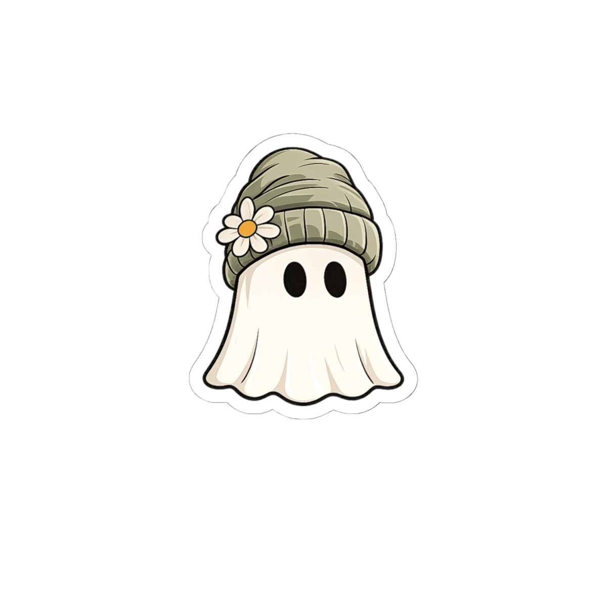 Cute Ghost Sticker — Daisy Beanie Ghost Kiss-Cut Vinyl Sticker (Halloween, Laptops & Water Bottles)
