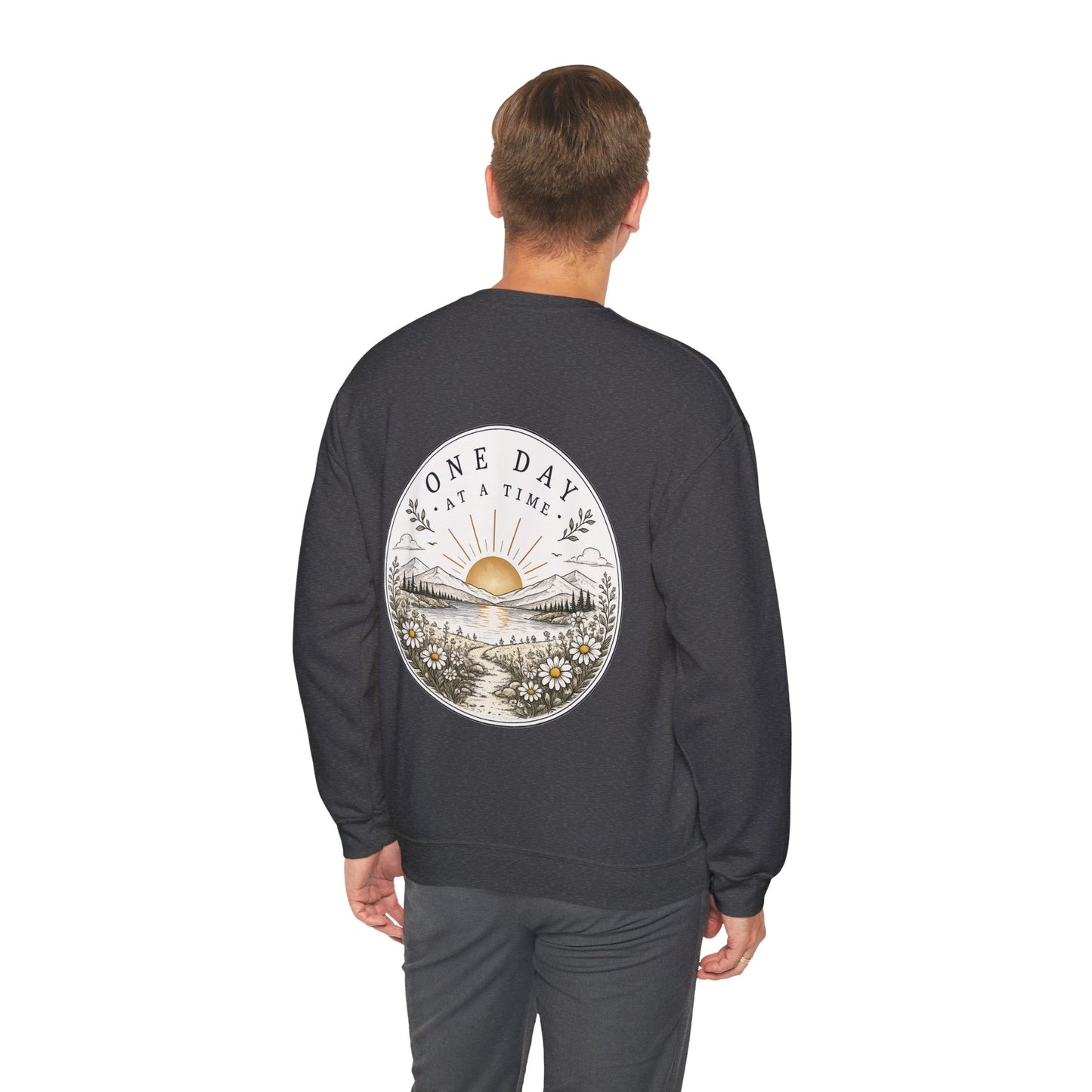 Crewneck Sweatshirt — 'One Day at a Time' Sunrise Mountain Graphic