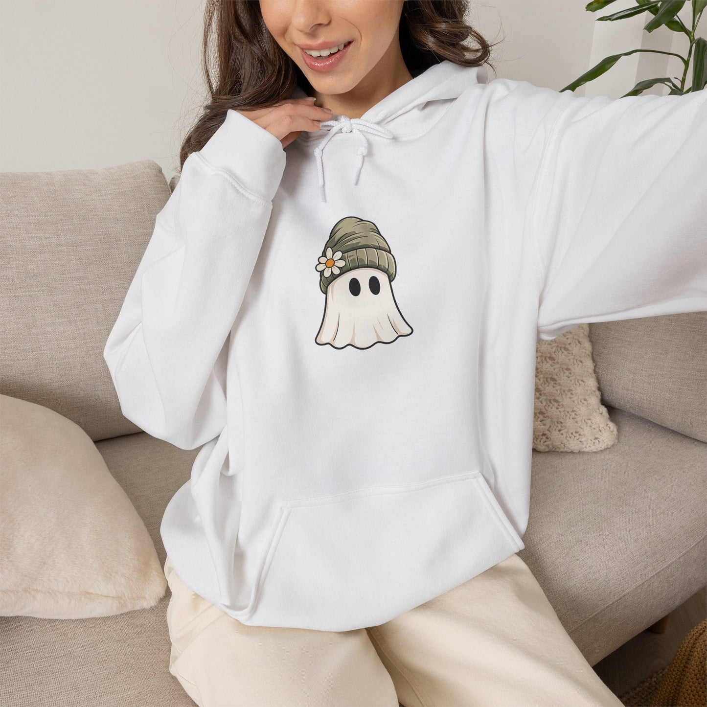 Cute Ghost Hoodie with Beanie Graphic — Cozy Fall Halloween Sweatshirt
