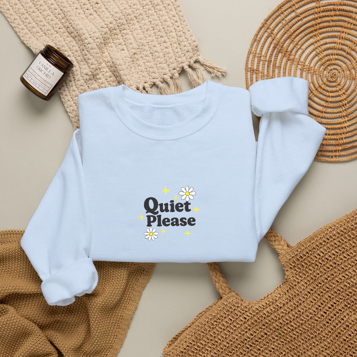 Crewneck Sweatshirt "Quiet Please" Minimalist Floral Design