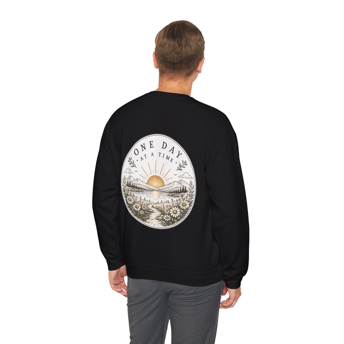 Crewneck Sweatshirt — 'One Day at a Time' Sunrise Mountain Graphic