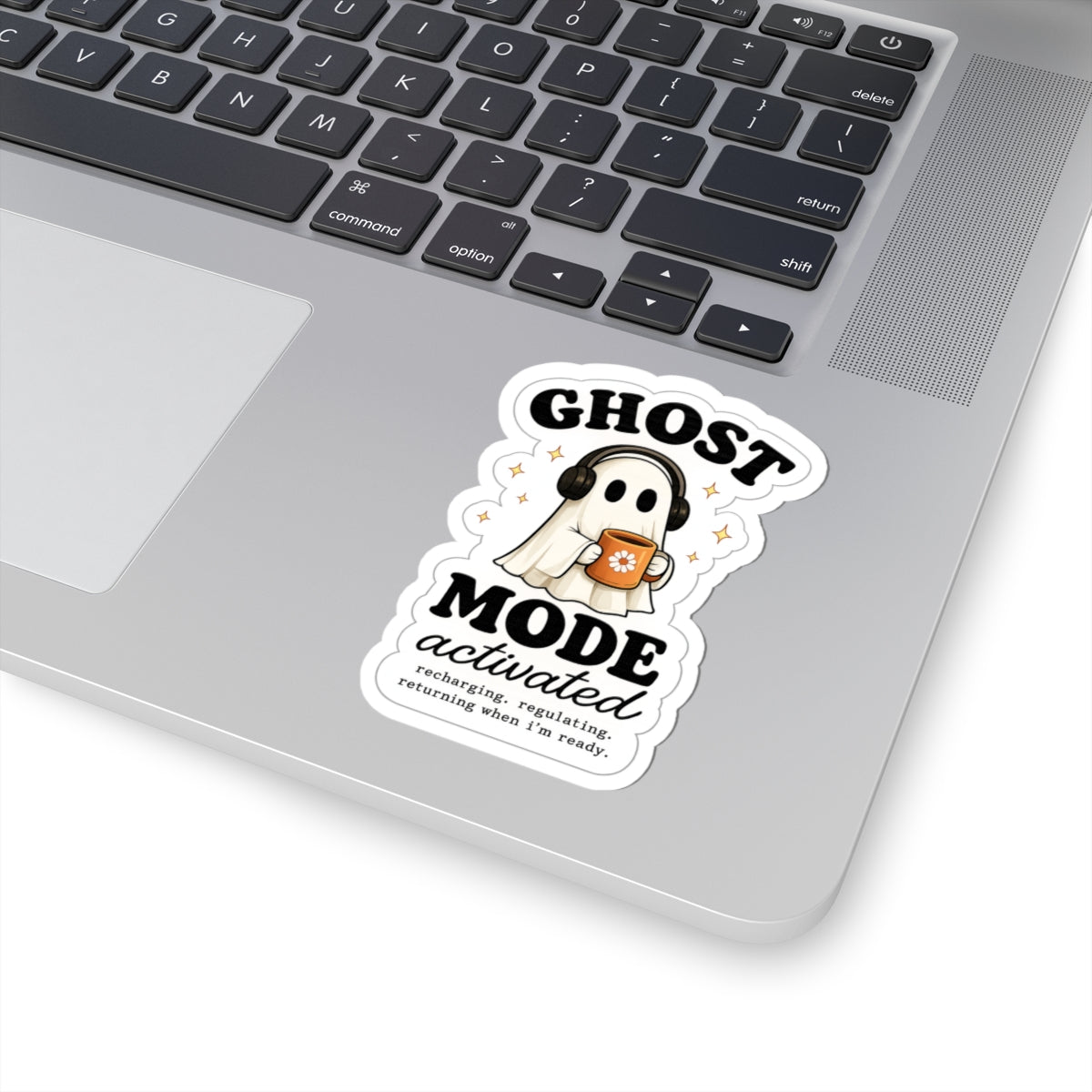 Ghost Mode Activated Sticker — Cute Ghost with Headphones & Coffee (Kiss-Cut)