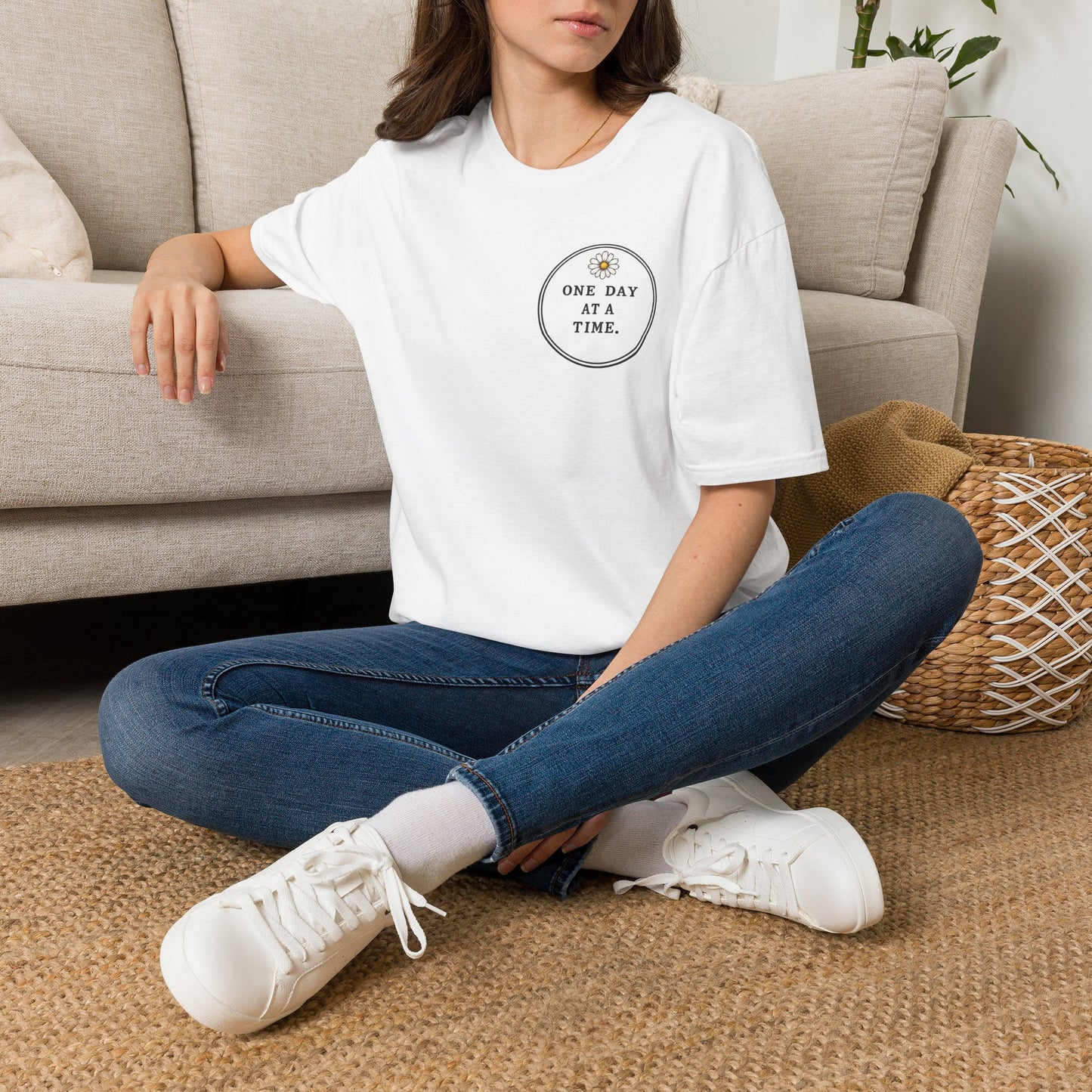 T-Shirt — "One Day at a Time" Daisy Minimalist Inspirational Tee