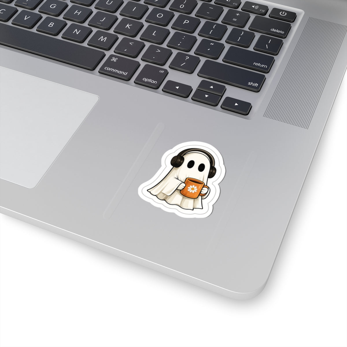 Cute Ghost Sticker — Cozy Coffee & Headphones Kiss-Cut Decal