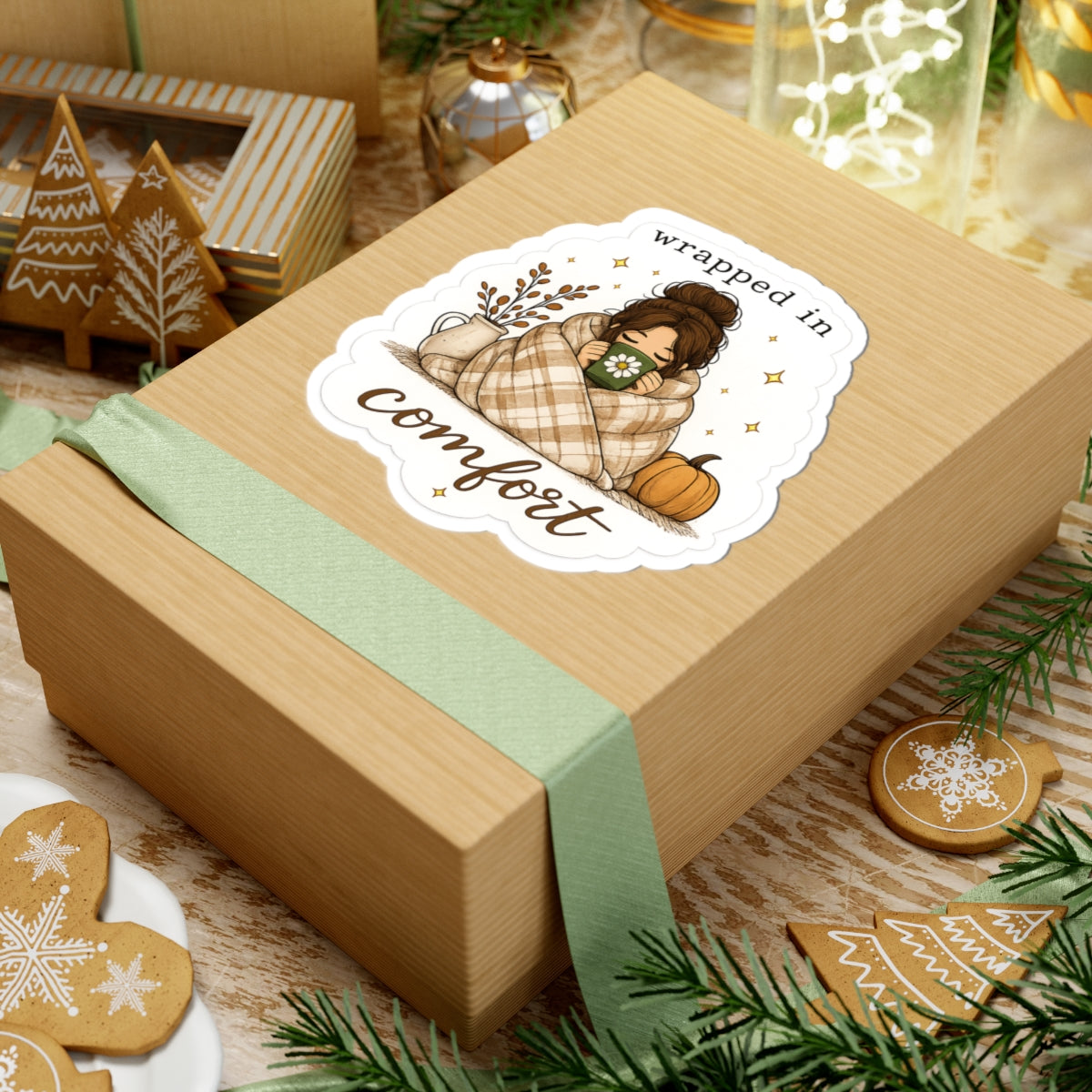 Wrapped in Comfort Fall Sticker – Cozy Girl with Blanket, Pumpkin & Coffee, Autumn Laptop Decal