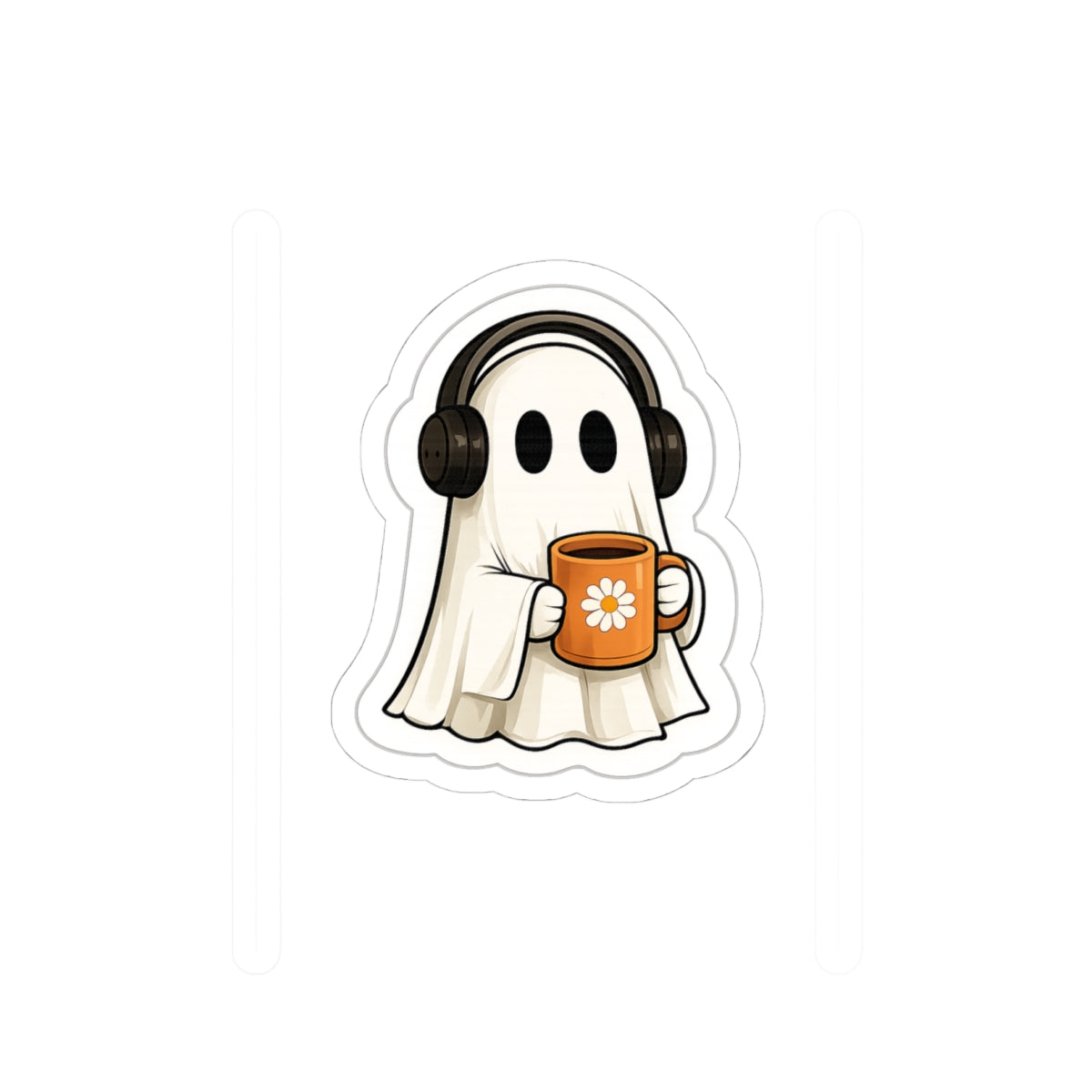 Cute Ghost Sticker — Cozy Coffee & Headphones Kiss-Cut Decal