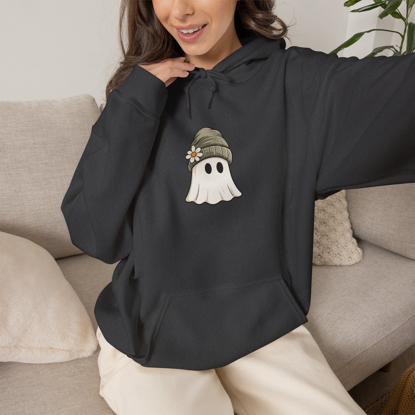 Cute Ghost Hoodie with Beanie Graphic — Cozy Fall Halloween Sweatshirt
