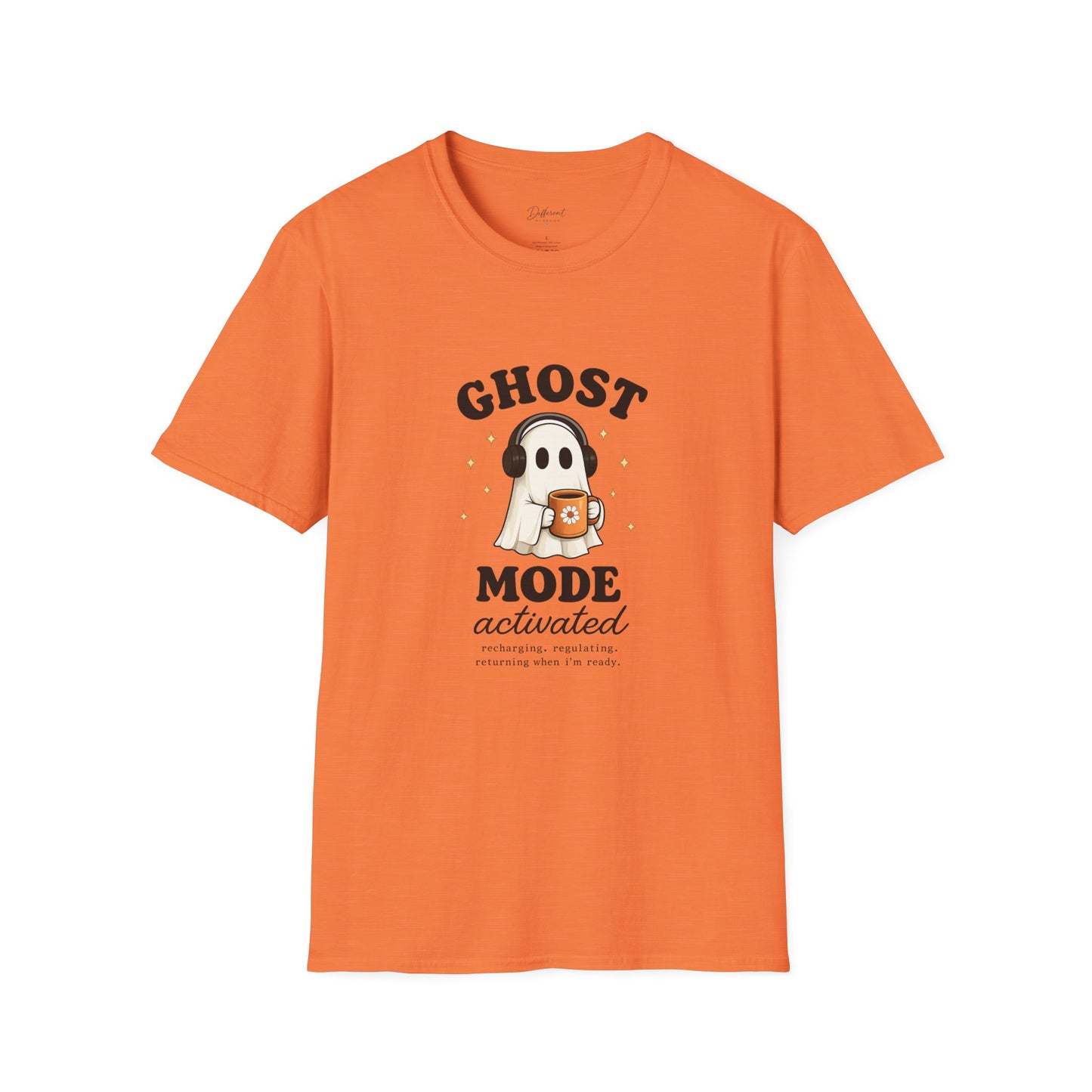 Ghost Mode T-Shirt — Cute Ghost with Headphones & Coffee