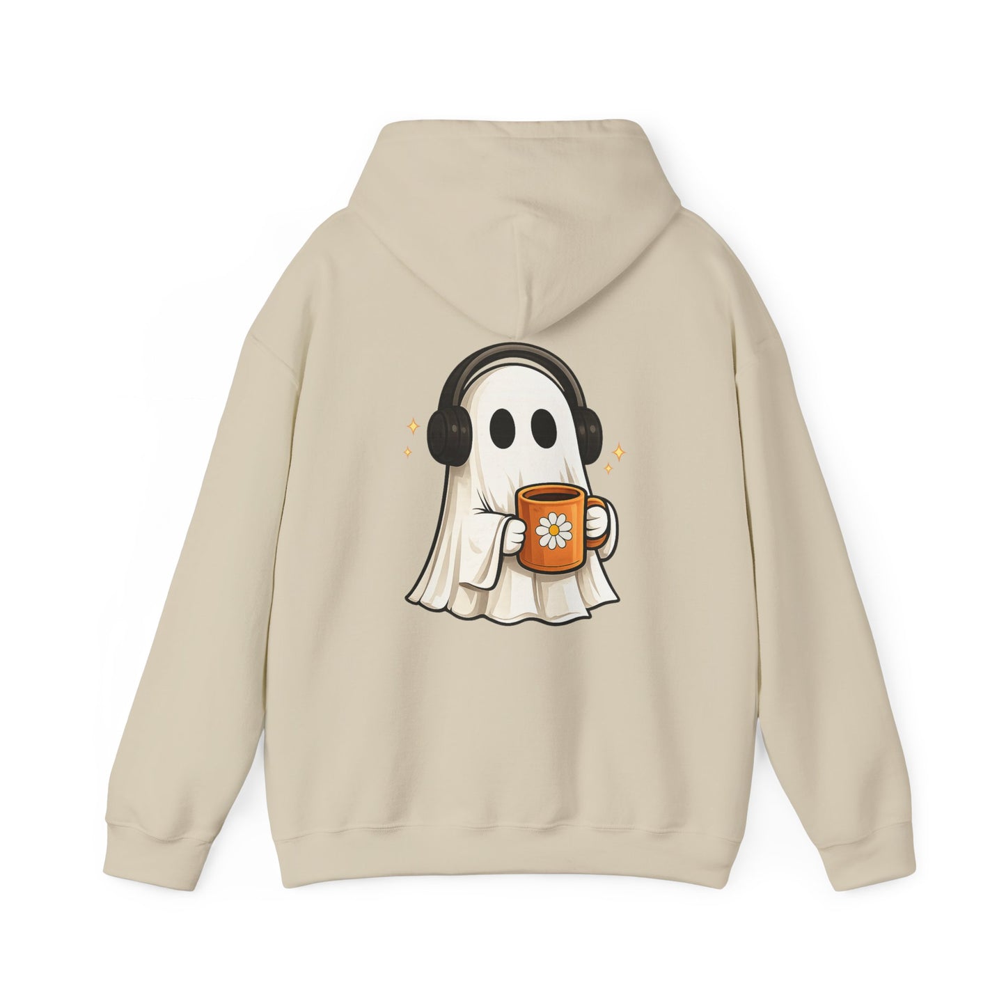 Ghost Mode Hoodie — Cute Ghost with Headphones & Coffee Pullover