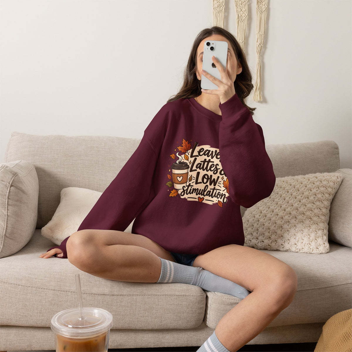 Fall Sweatshirt – "Leaves, Lattes & Low Stimulation" Cozy Autumn Crewneck