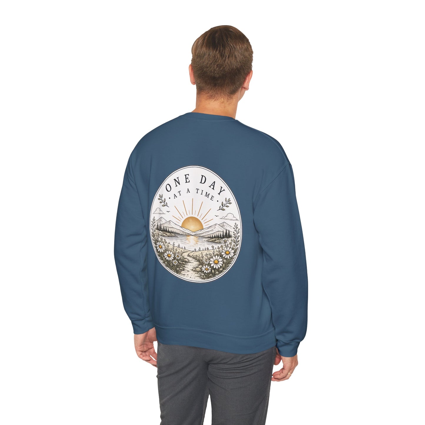Crewneck Sweatshirt — 'One Day at a Time' Sunrise Mountain Graphic