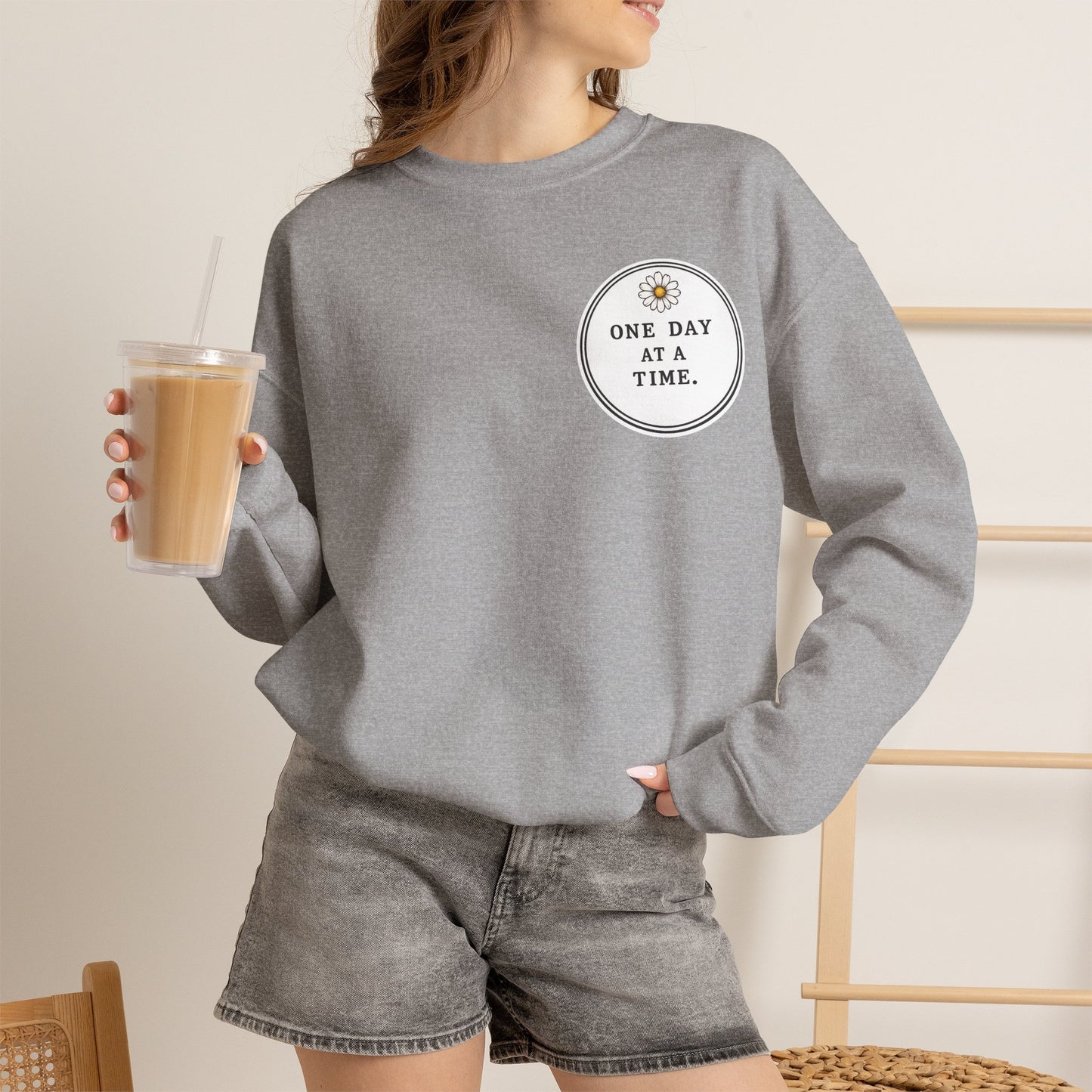 Crewneck Sweatshirt — 'One Day at a Time' Sunrise Mountain Graphic
