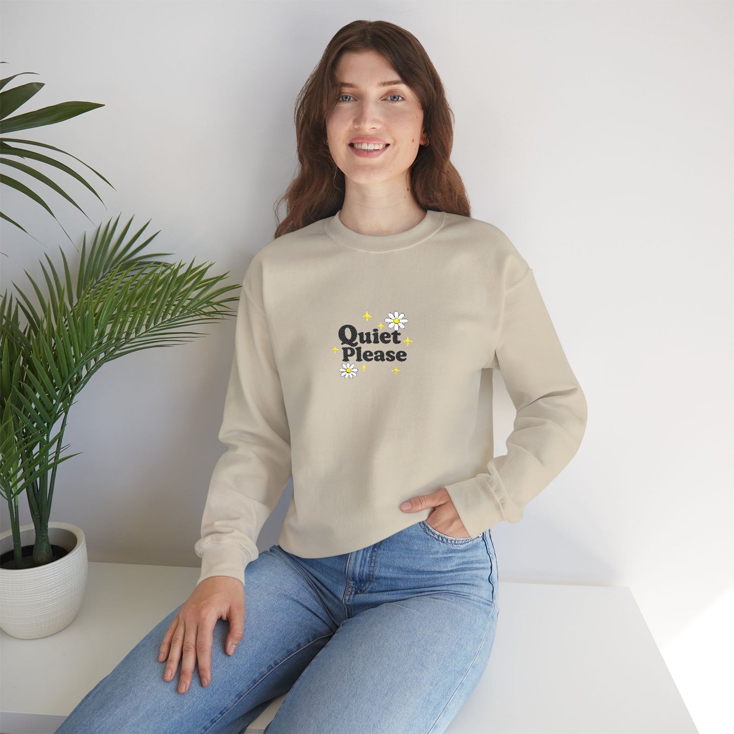 Crewneck Sweatshirt "Quiet Please" Minimalist Floral Design
