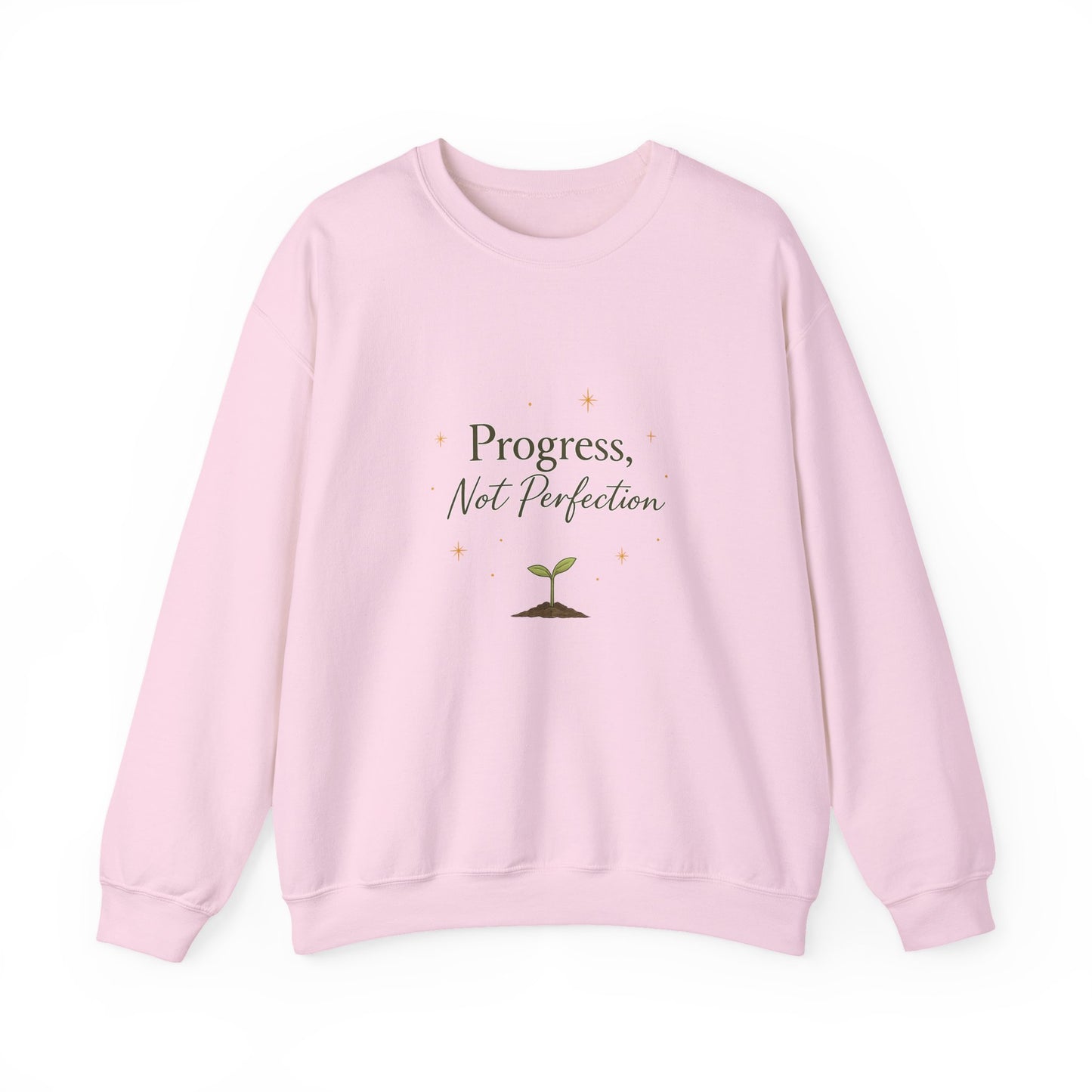 Crewneck Sweatshirt — "Progress, Not Perfection" Plant Sprout Inspirational Pullover
