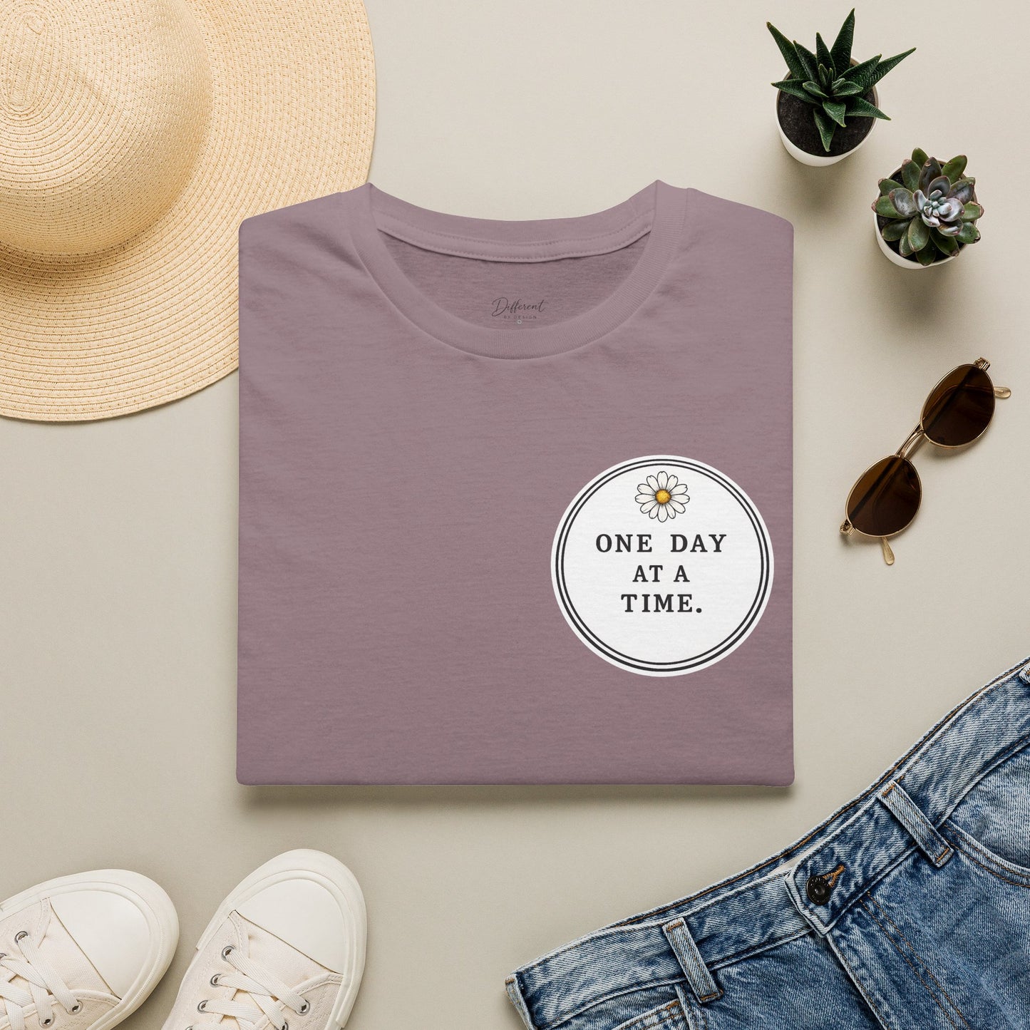 T-Shirt — "One Day at a Time" Daisy Minimalist Inspirational Tee