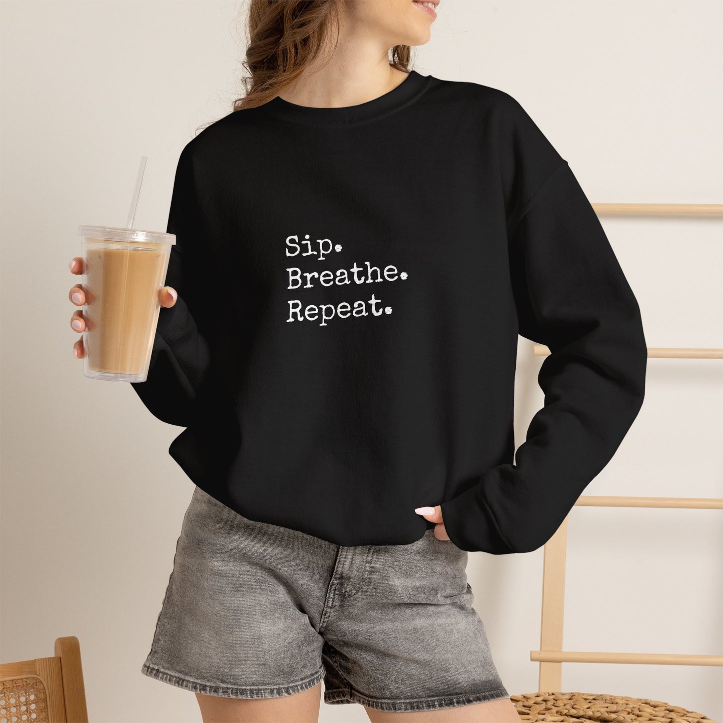 Sip. Breathe. Repeat. Crewneck Sweatshirt — Cozy Minimalist Relaxation Sweatshirt