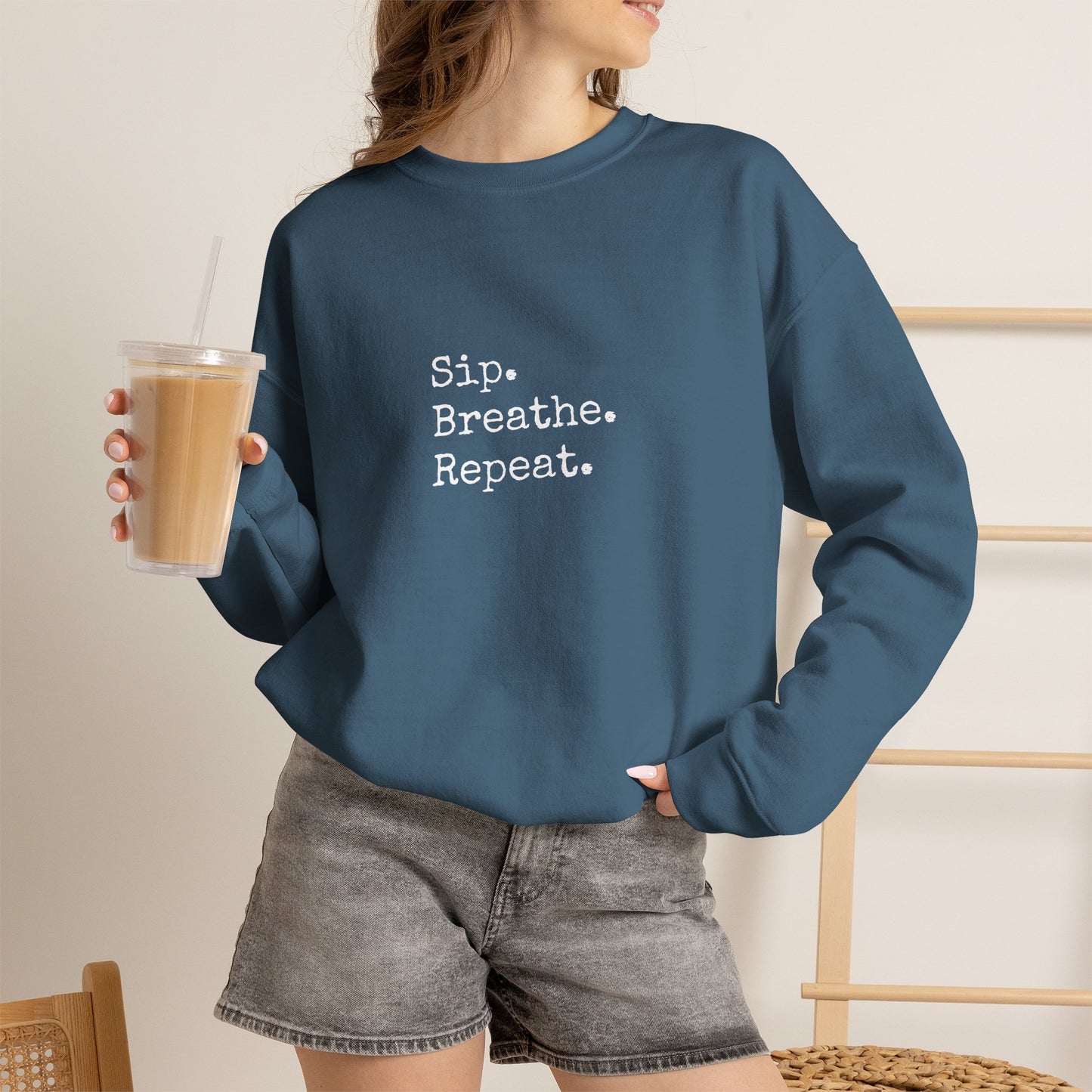 Sip. Breathe. Repeat. Crewneck Sweatshirt — Cozy Minimalist Relaxation Sweatshirt