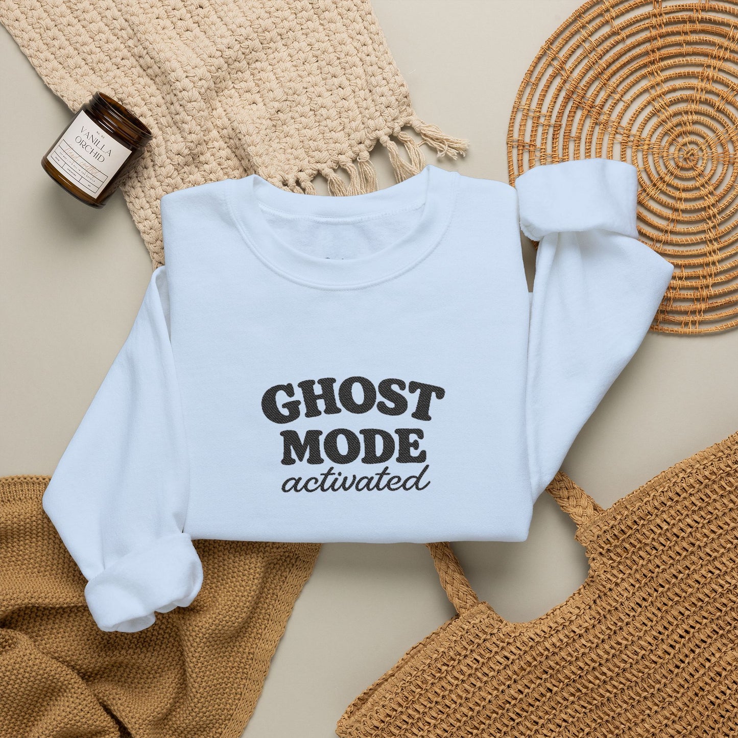 Ghost Mode Crewneck Sweatshirt — Minimalist White Pullover