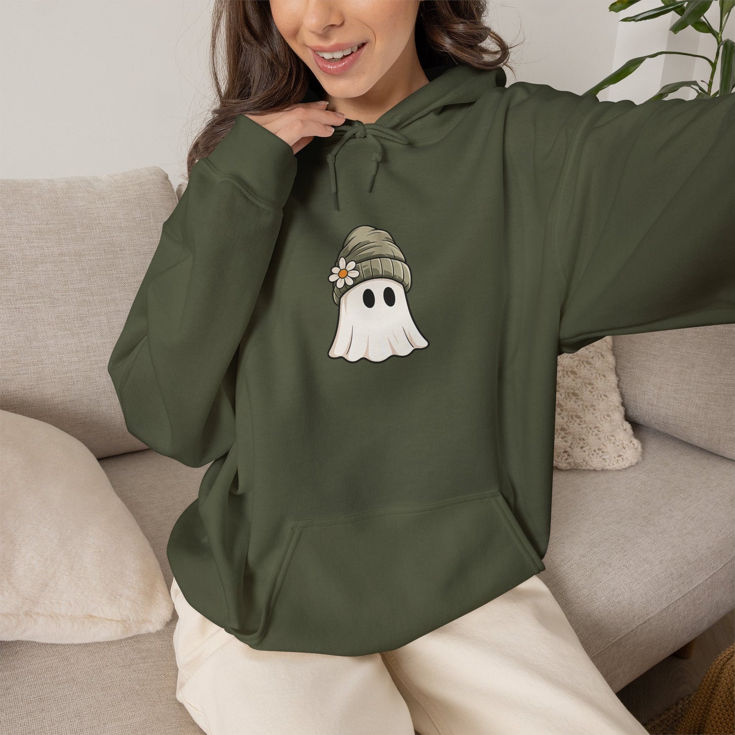 Cute Ghost Hoodie with Beanie Graphic — Cozy Fall Halloween Sweatshirt