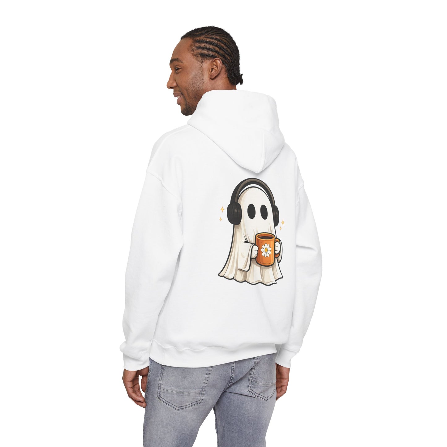 Ghost Mode Hoodie — Cute Ghost with Headphones & Coffee Pullover