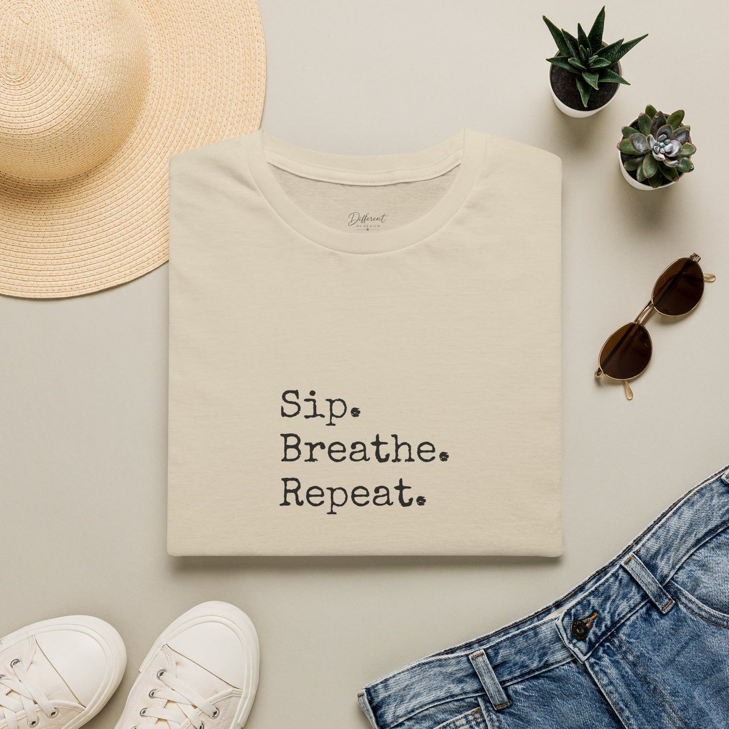 Sip. Breathe. Repeat. T-Shirt — Relaxed Minimalist Self-Care Tee