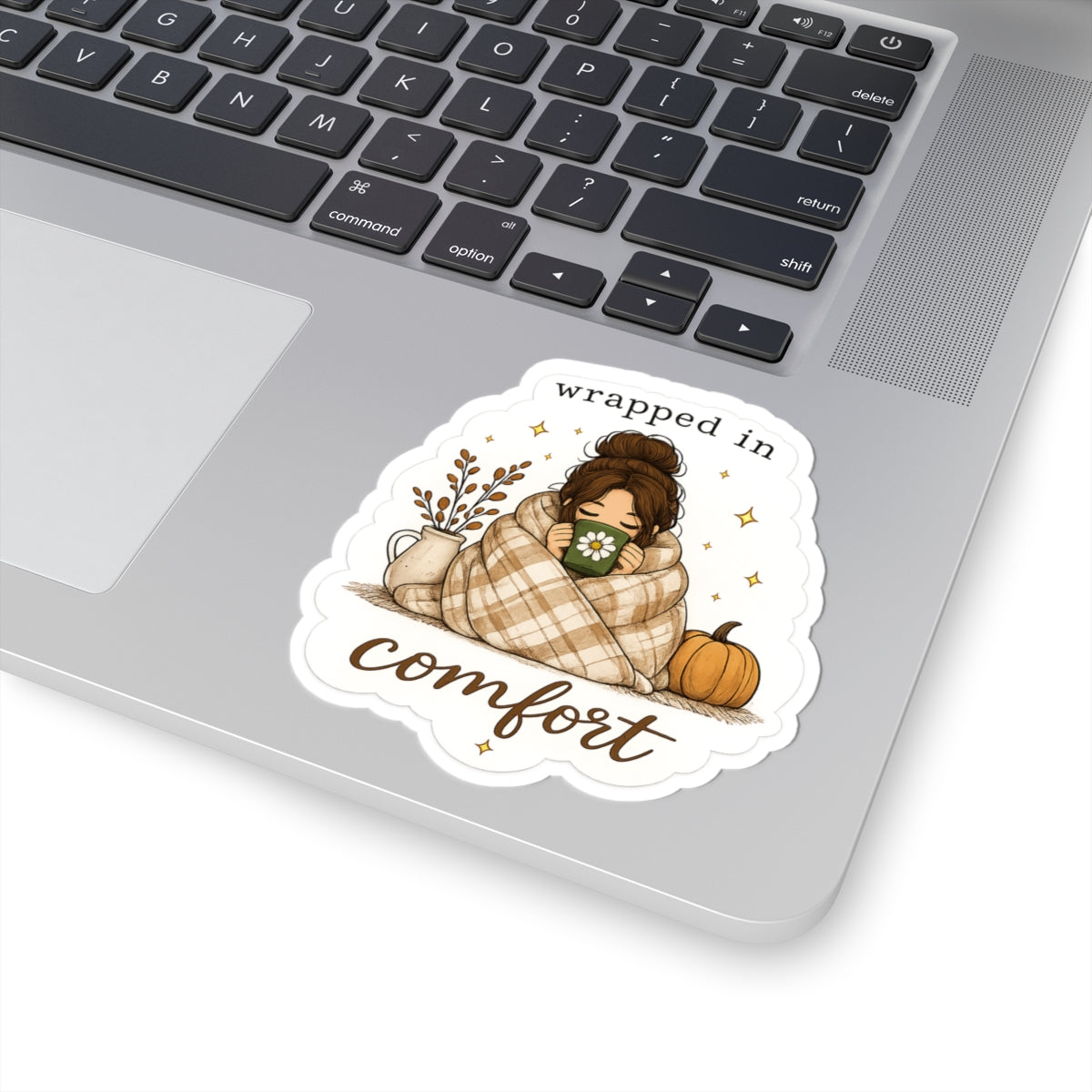 Wrapped in Comfort Fall Sticker – Cozy Girl with Blanket, Pumpkin & Coffee, Autumn Laptop Decal