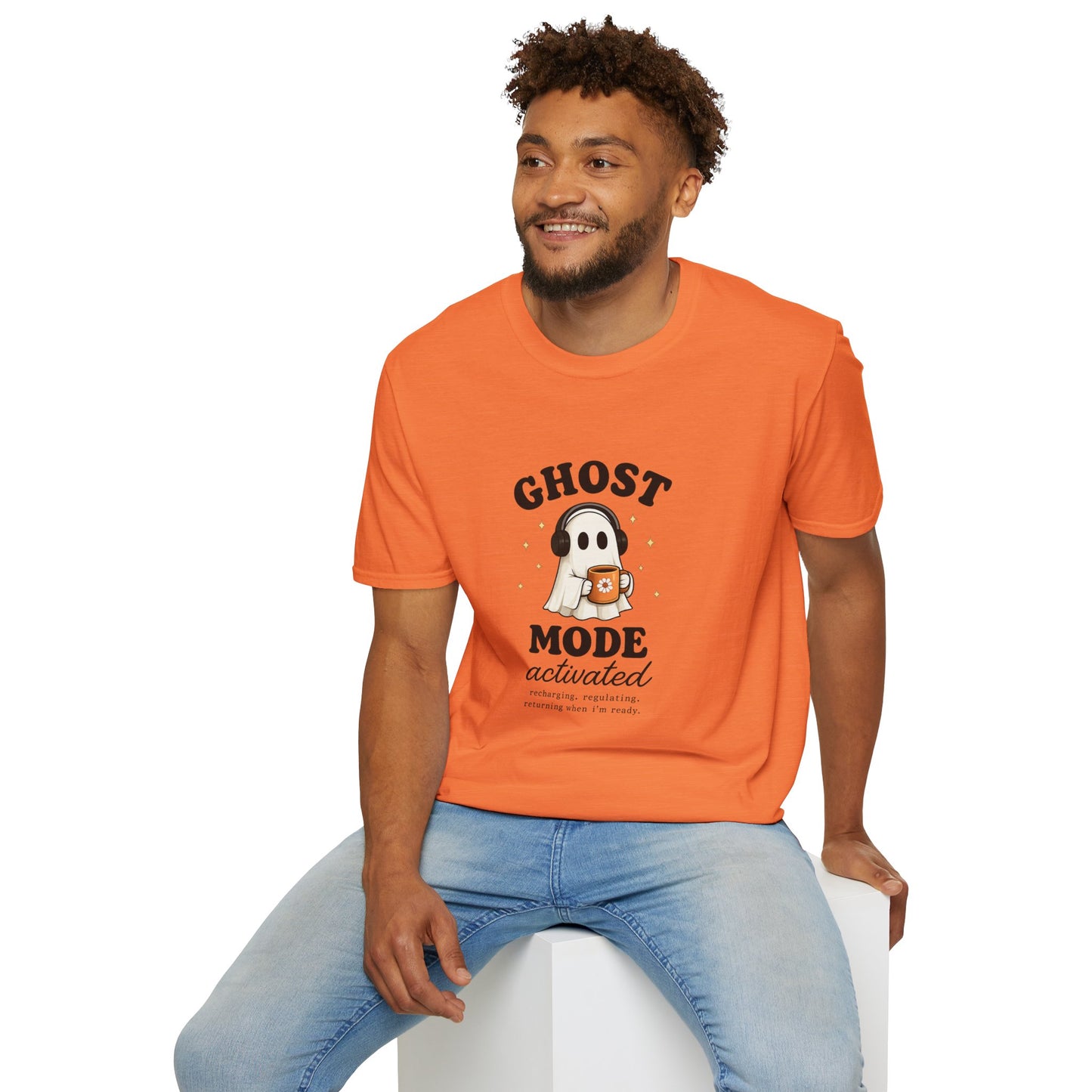 Ghost Mode T-Shirt — Cute Ghost with Headphones & Coffee