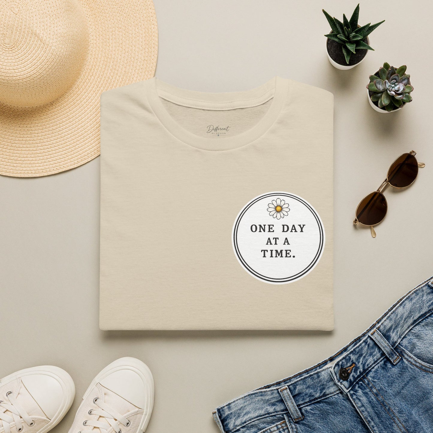 T-Shirt — "One Day at a Time" Daisy Minimalist Inspirational Tee