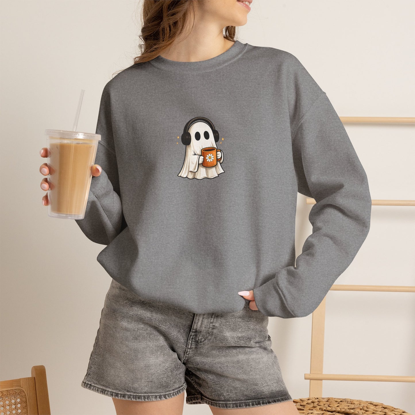 Cute Ghost Holding Pumpkin Crewneck Sweatshirt