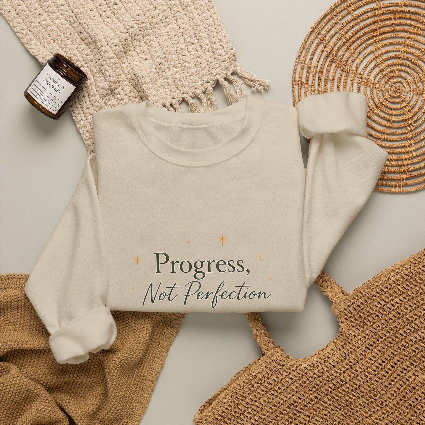 Crewneck Sweatshirt — "Progress, Not Perfection" Plant Sprout Inspirational Pullover
