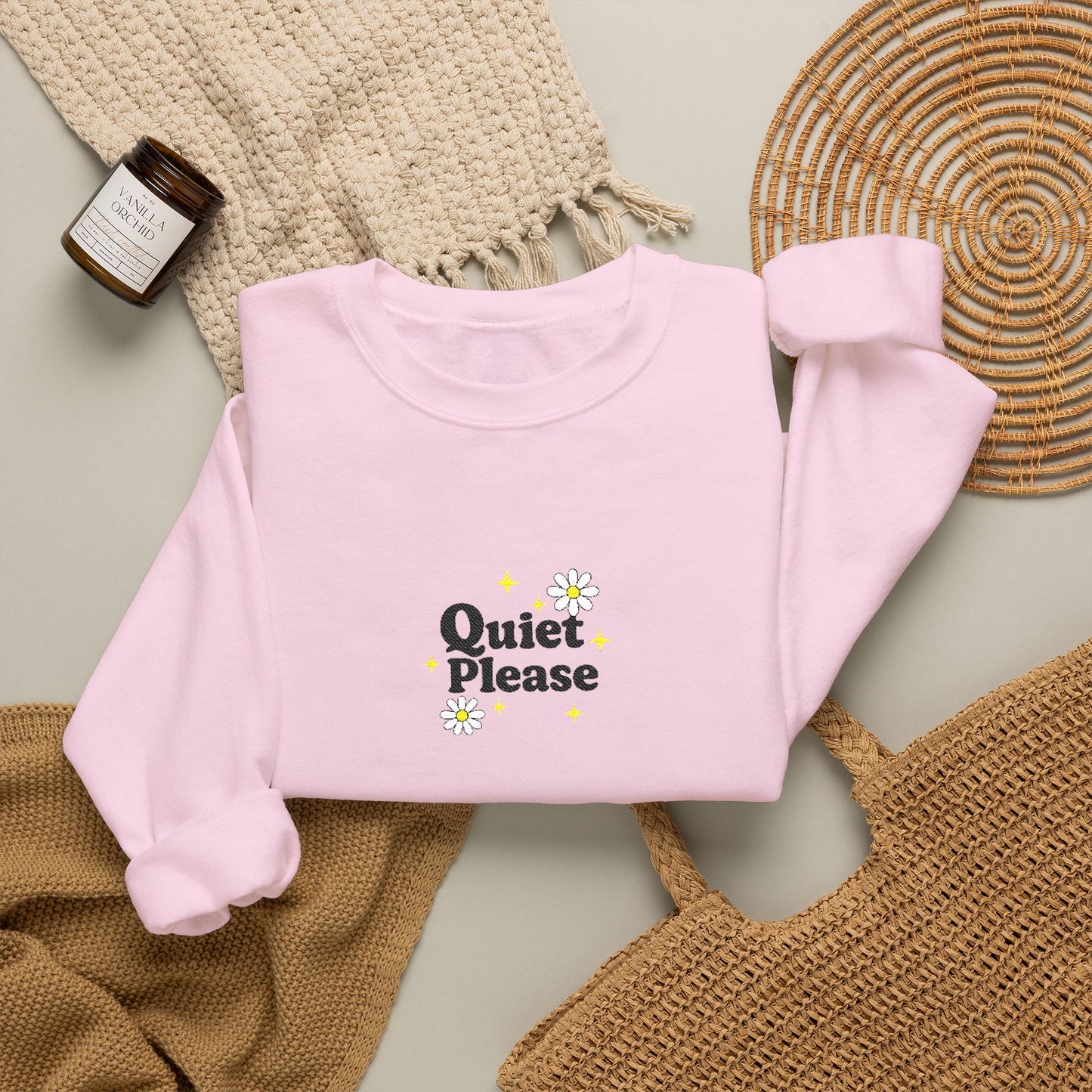 Crewneck Sweatshirt "Quiet Please" Minimalist Floral Design